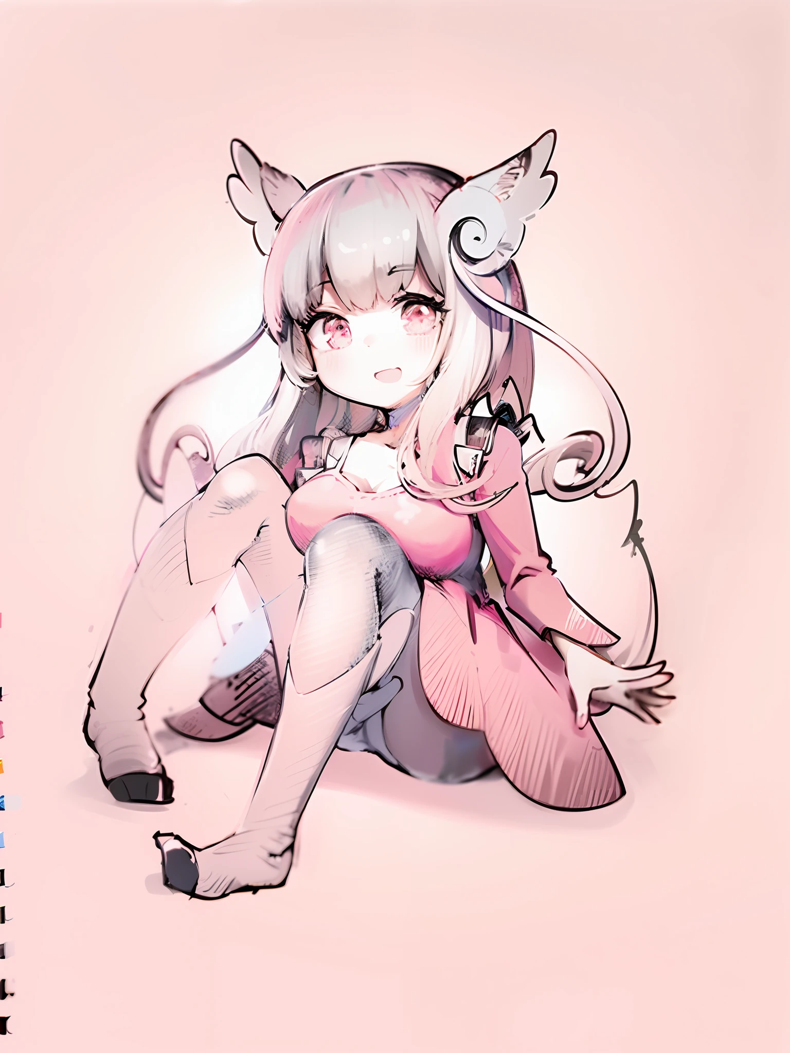 (Solid color pink white background:1.5)，Happy girl，（Pink clothes:1.5），（white color hair:1.5），masterpaintings，8K quality，Ultra-fine resolution，ultra clear details，Soft and delicate lines