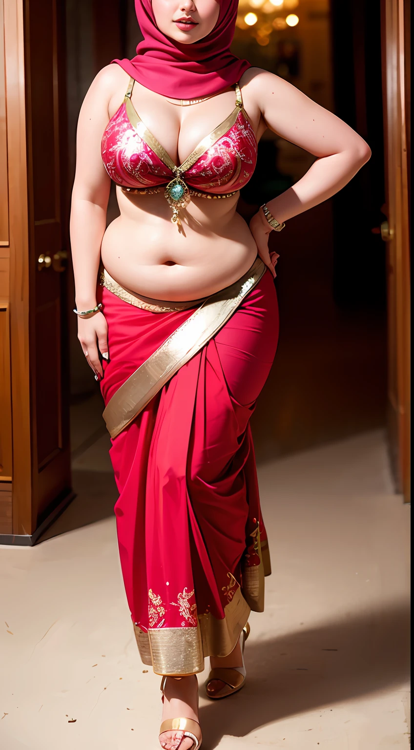 perfect face (hijab), (13 years old), (chubby:1.1) saree wlop perfect full HDR body exposed midriff curvy indian armpits bellydancer 8k high res knees ankles , cleavage (shiny skin:1.3) depth of field (full body shot) (high heels)