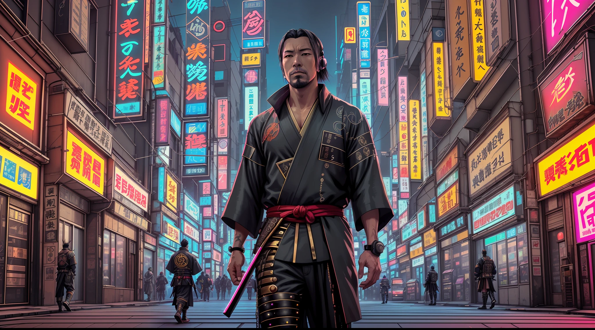 a man in a samurai outfit walking down a street at night, samurai cyberpunk, Samurai Neon, samurai cyberpunk muito bonito, Retrato de um samurai cyberpunk, Samurai Urbano, cyberpunk streets in japan, cyberpunk aesthetics, Samurai de rua, futuristic cyberpunk tokyo night, cyberpunk with neon lighting, aesthetic cyberpunk, cyberpunk lighting, aesthetic cyberpunk, Foto cyberpunk, zen méditation cyberpunk, luzes cyberpunk