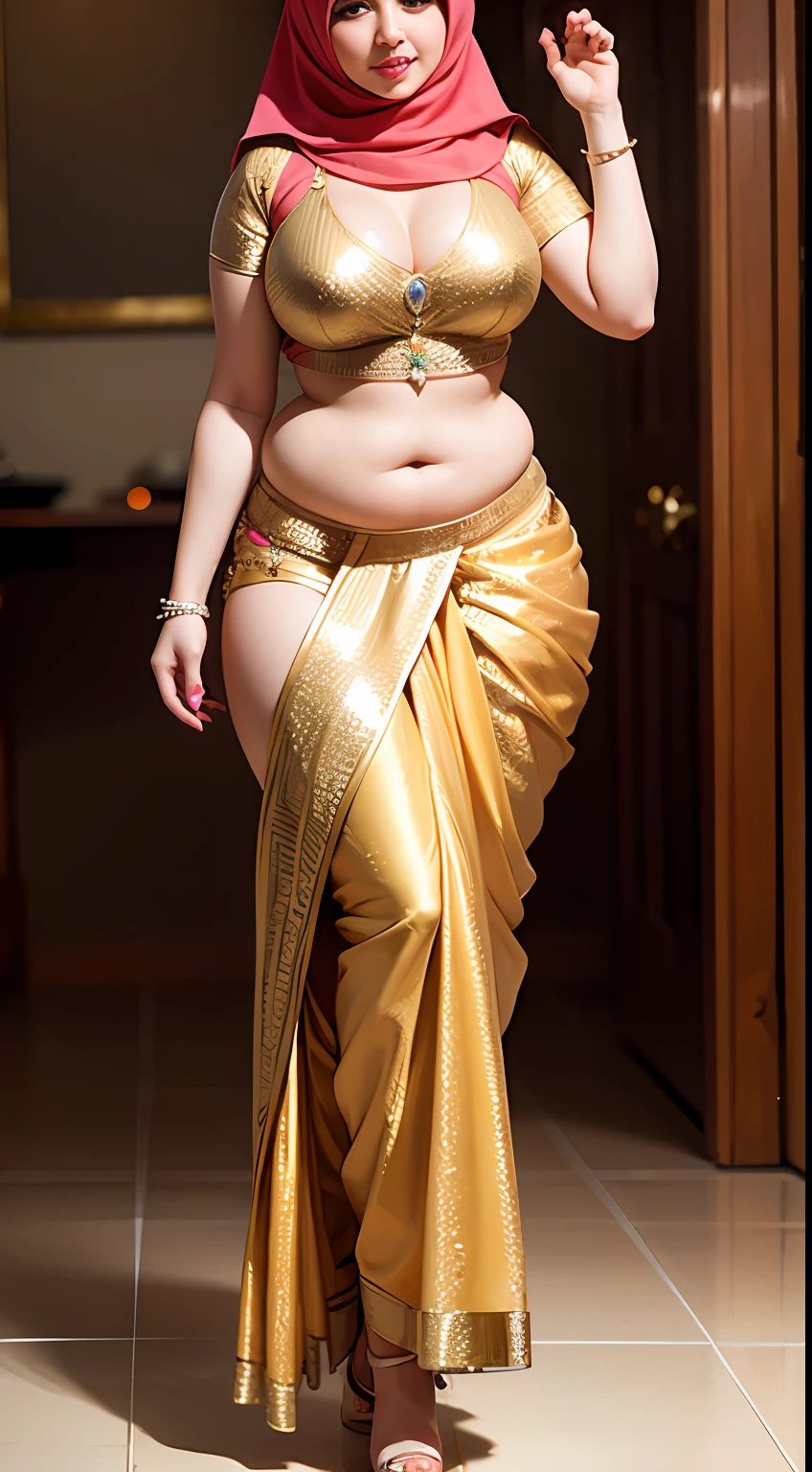 perfect face (hijab), (), (chubby:1.1) saree wlop perfect full HDR body exposed midriff curvy indian armpits bellydancer 8k high res knees ankles , cleavage (shiny skin:1.3) depth of field (full body shot) (high heels)
