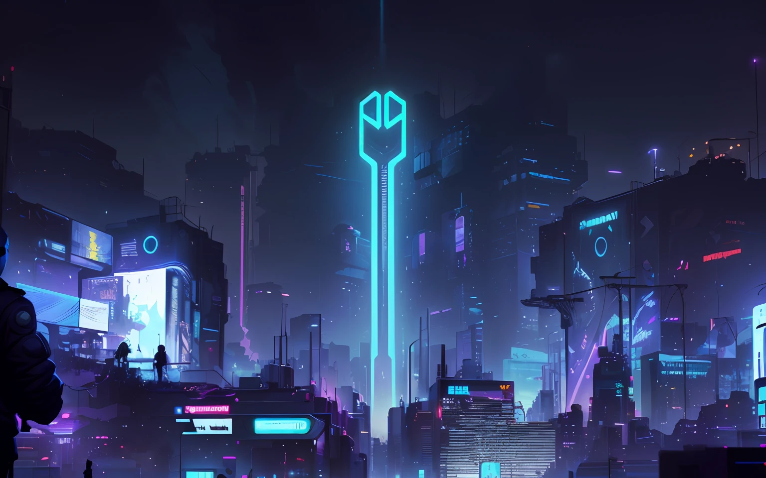 Cidade futuristica,Neon beacon and man standing in the middle, arstation and beeple highly, at cyberpunk city, cyberpunk theme art, Cyberpunk art style, artgem and beeple masterpiece, cyberpunk backgrouns, digital cyberpunk anime art, detailed neon cyberpunk city, Advanced digital cyberpunk art, cyberpunk building, cyberpunk digital art, cyberpunk pixel art, Cyberpunk landscape wallpaper It's raining