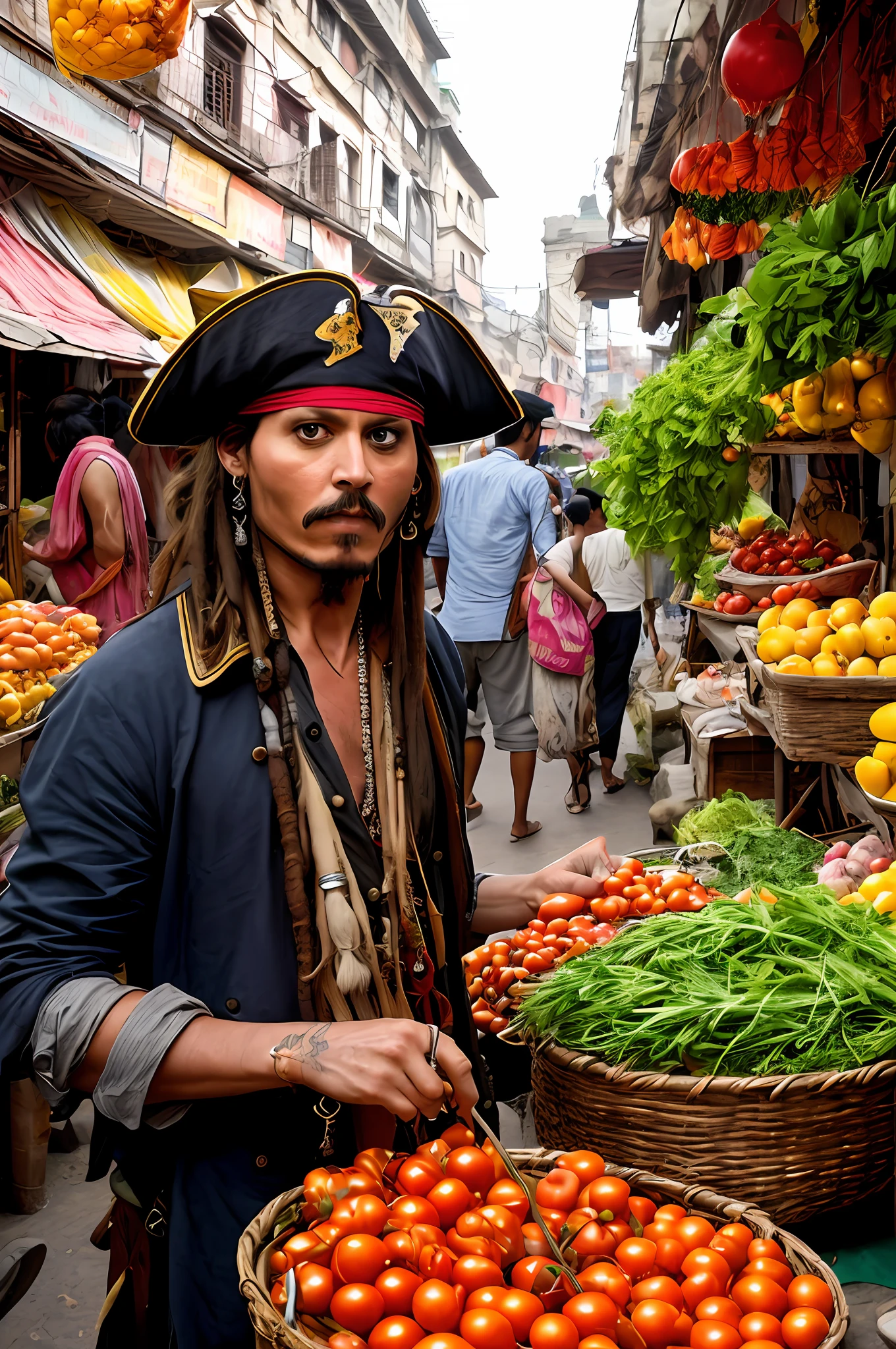 pirates captain with a vegetable stall on a street, streets of calcutta, captain jack sparrow, on in indian street, street vendors, jack sparrow, selling tomatoes, johnny depp, street market, style steve mccurry, inspired by Steve McCurry, portrait of captain jack sparrow, handsome man, portrait of johnny depp, rastafarian, salsa vendor, india