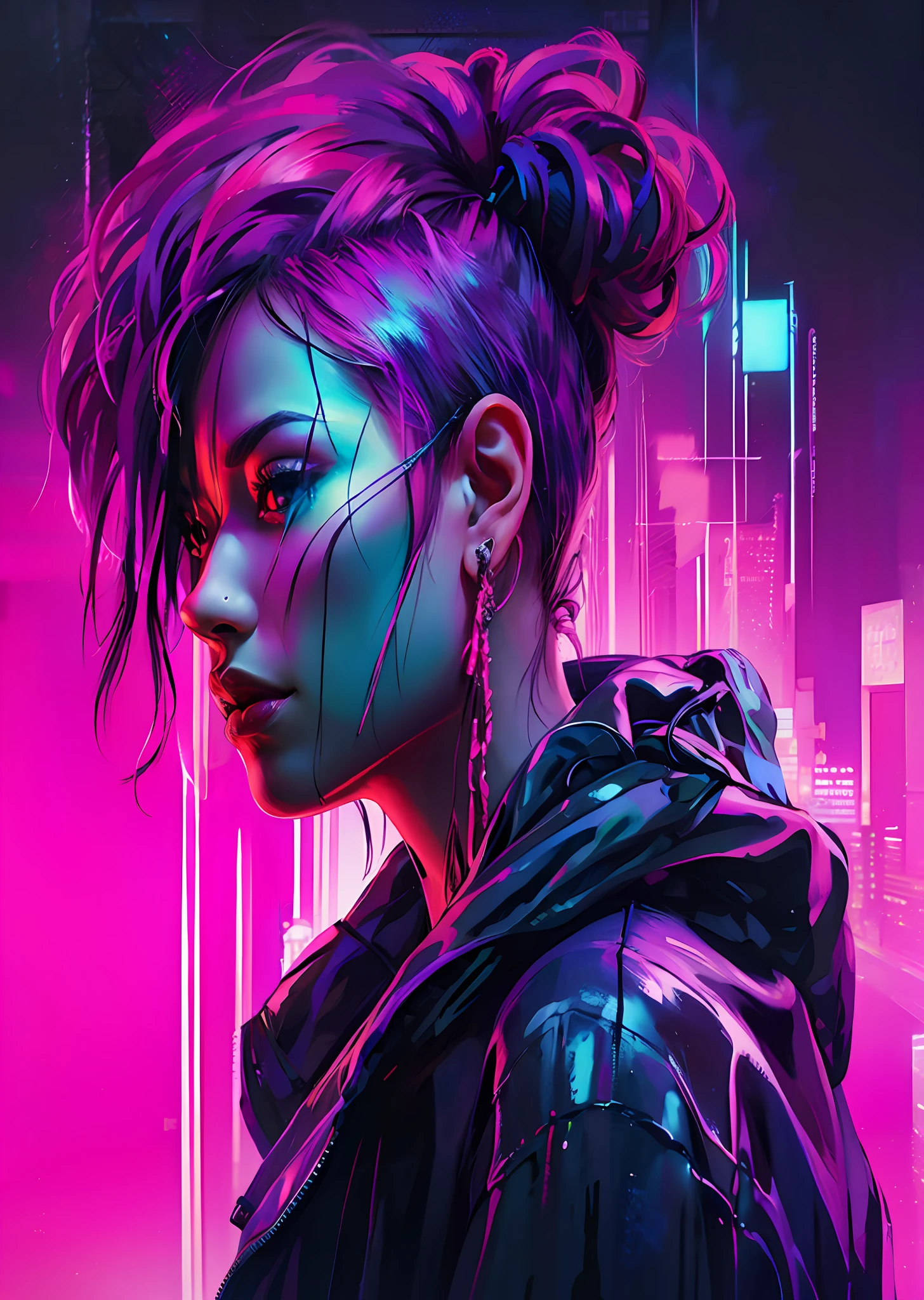(8k, masterpiece:1.2), Night view of city streets, The lights of the night, (ultra highres:1.0), watercolor, a beautiful woman, wearing loose reflective white blouse, weird future fashion with straps, shoulder, thorny hair ribbons, (portrait shot, close up:1), extremely luminous bright design, (detailed face), heavy glow makeup, model photoshoot style, very long hair, intricate, elegant, hdr, backlighting, realism, (hyperrealism), (cinematic), (hyperdetailed:1.2), best quality, (best quality:1.0), close up,