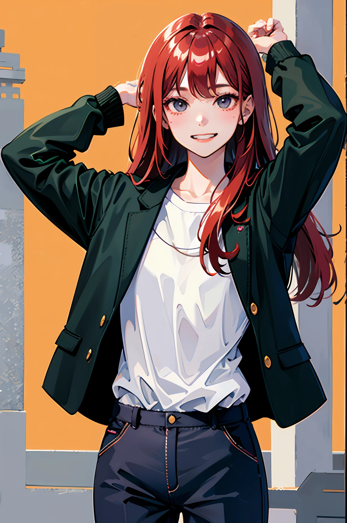 One guy、独奏、20 yrs、red hairs、Medium wavy hair、Gray eyes、Bad face、grinning evily、Black Jacket、Black pants、Raking up hair、high picture quality、hightquality、hiquality