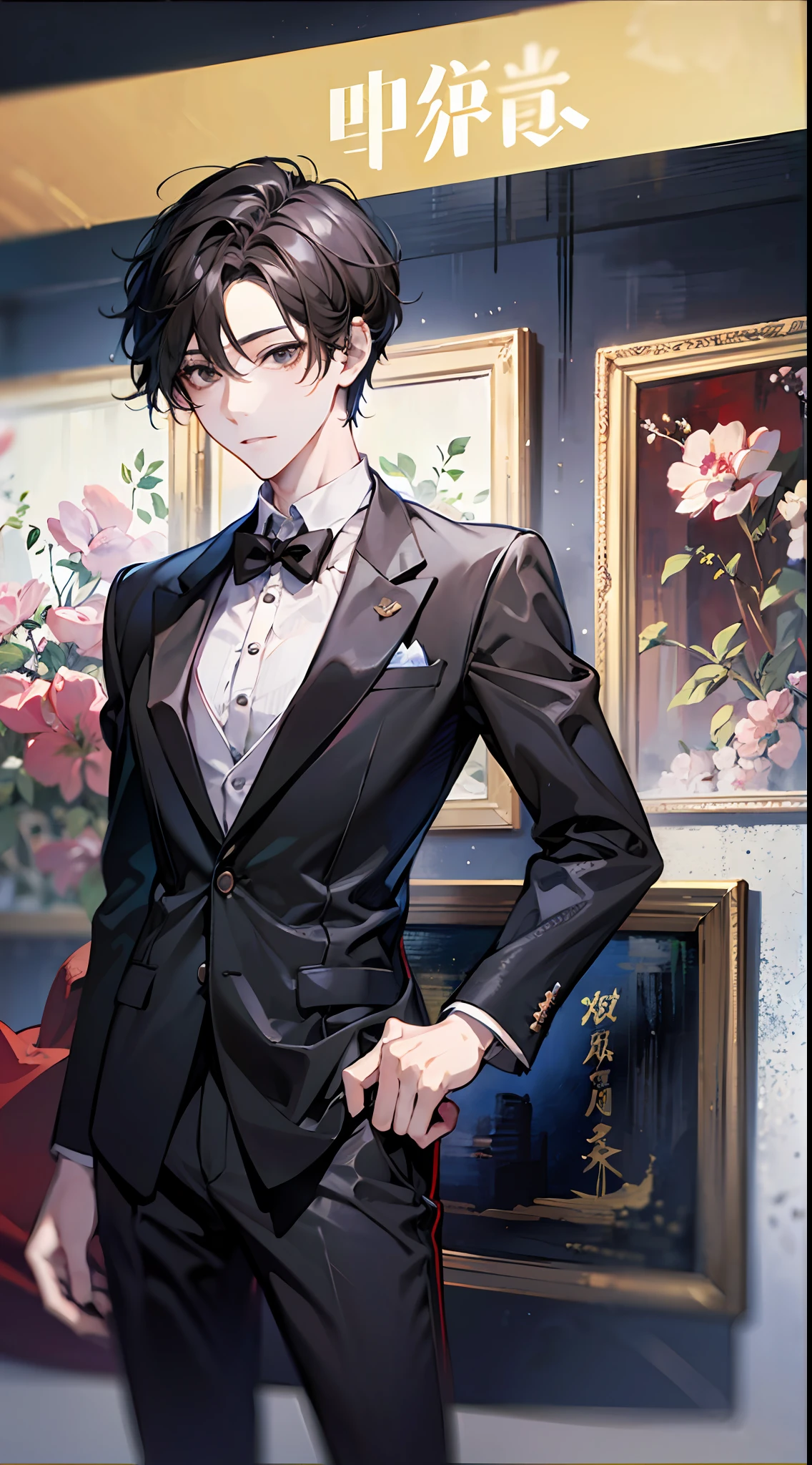 masterpaintings,Best Quority,1 man,Short black hair,(brown-eyed),black business suits,正面,selfee,face as it is,body complet,to stand,Pay attention to the proportions,Handsome,Serious,Chang。