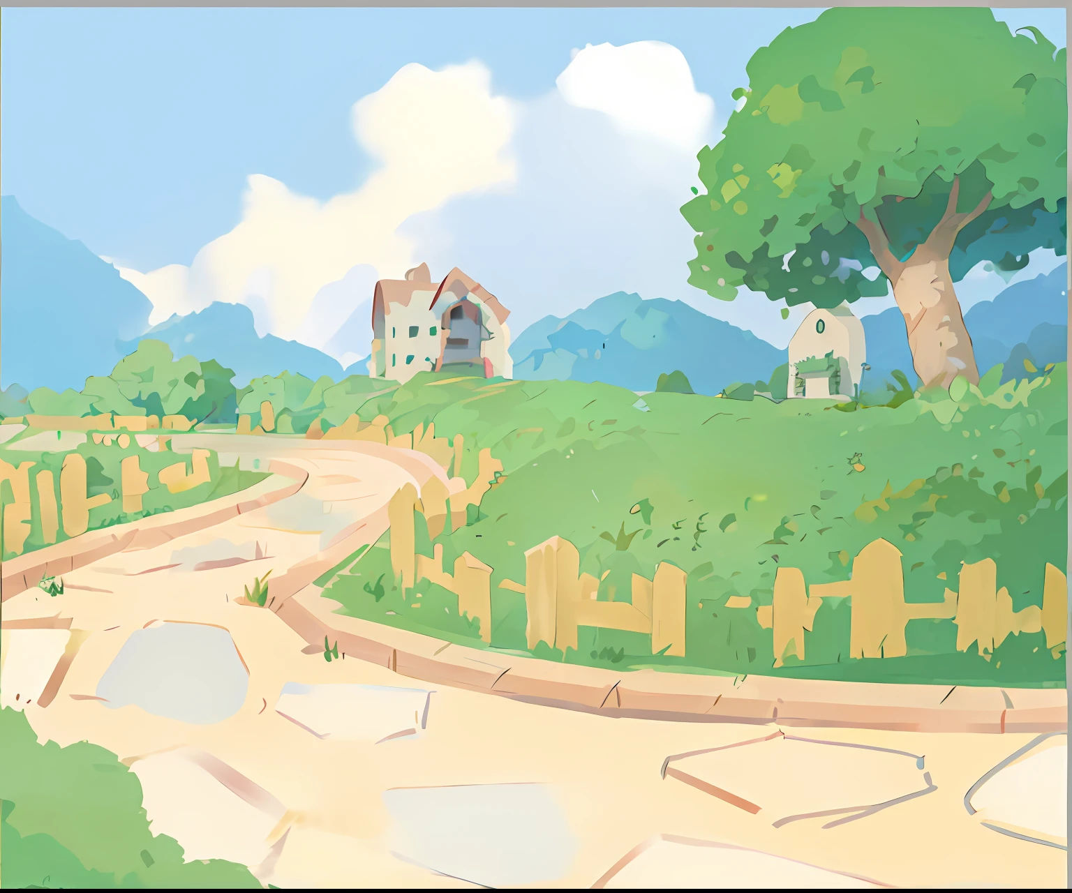 cartoon illustration of a road leading to a house in a green field, arte de fundo, Park background, scenery game concept art, 2d game environment design, town background, anime countryside landscape, 2 D game art background, town center background, Detailed scenery —width 672, Anime background art, distant village background, Anime landscape concept art, anime landscape