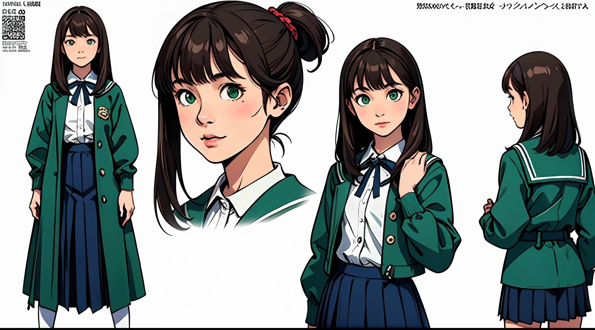 (masterpiece), best quality, (character design sheet, same character, full body, side, back), illustration, (beautiful detailed hair detailed face), ung girl, solo, perfect feminine face, very cute young girl, pose zitai, detailed design character, chesnut brown hair, left sided bangs, shorr length hair, green eyes, school uniform, (simple background, white background: 1.3)