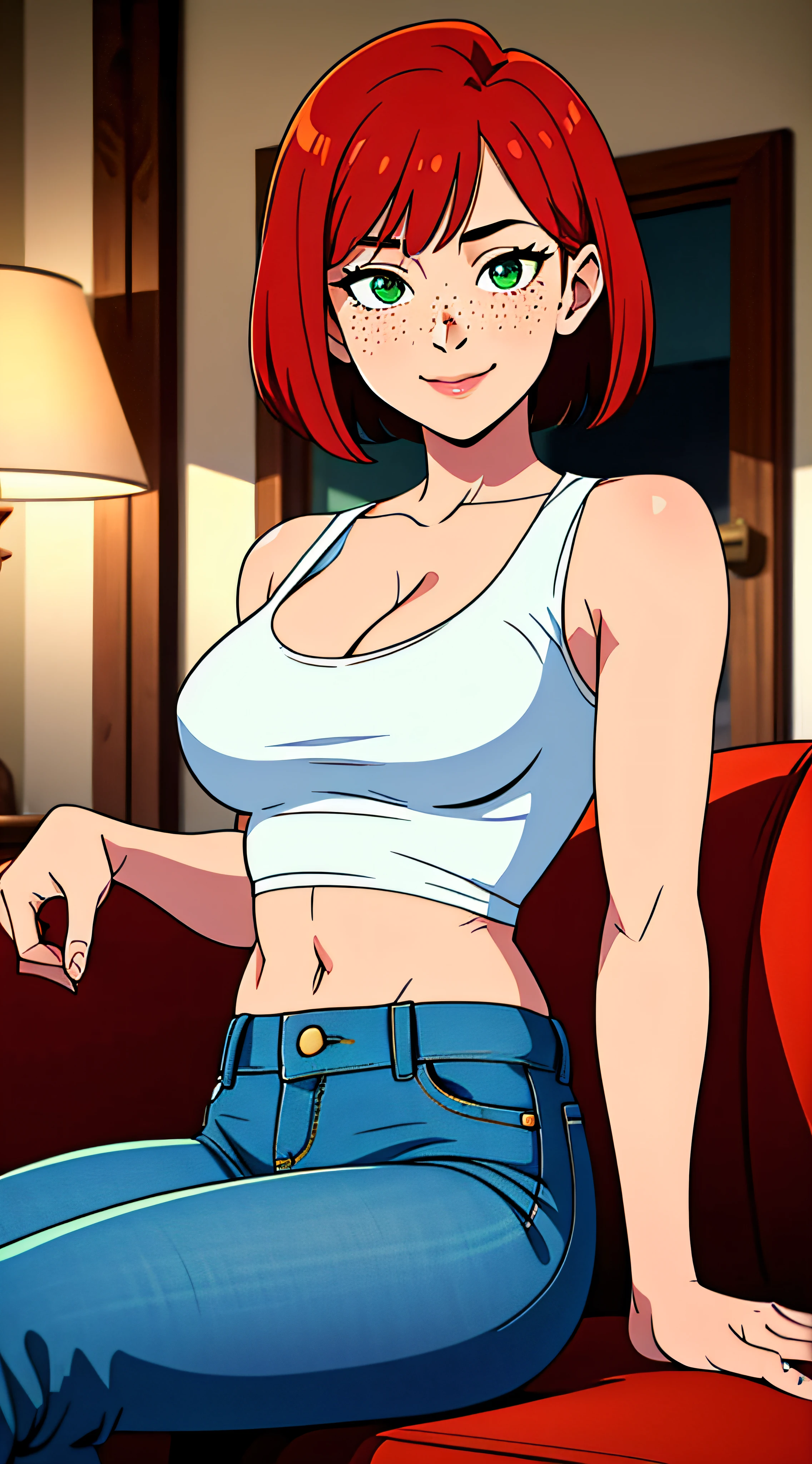 Masterpiece, high quality, (highres:1.4), best quality, beautiful, HD, perfect lighting, detailed face, (ultra cute face), detailed body, 1girl, solo, ( hotify:1.2), red hair, short hair, bob cut, bangs, green eyes, freckles, pale skin, looking at viewer, happy, sweet smile, smiling, light blush, light sweat, ((white tank top)), (jeans), (her jeans are tight on her), tight jeans, ankle high brown boots, medium breasts, (cleavage), perky breasts, wide hips, (thick thighs), thigh gap, thicc, sexy pose, dynamic pose, facing to the side, rustic home, lifting up crop, shirt lift, midriff, navel, sitting on couch, sitting cross legged,