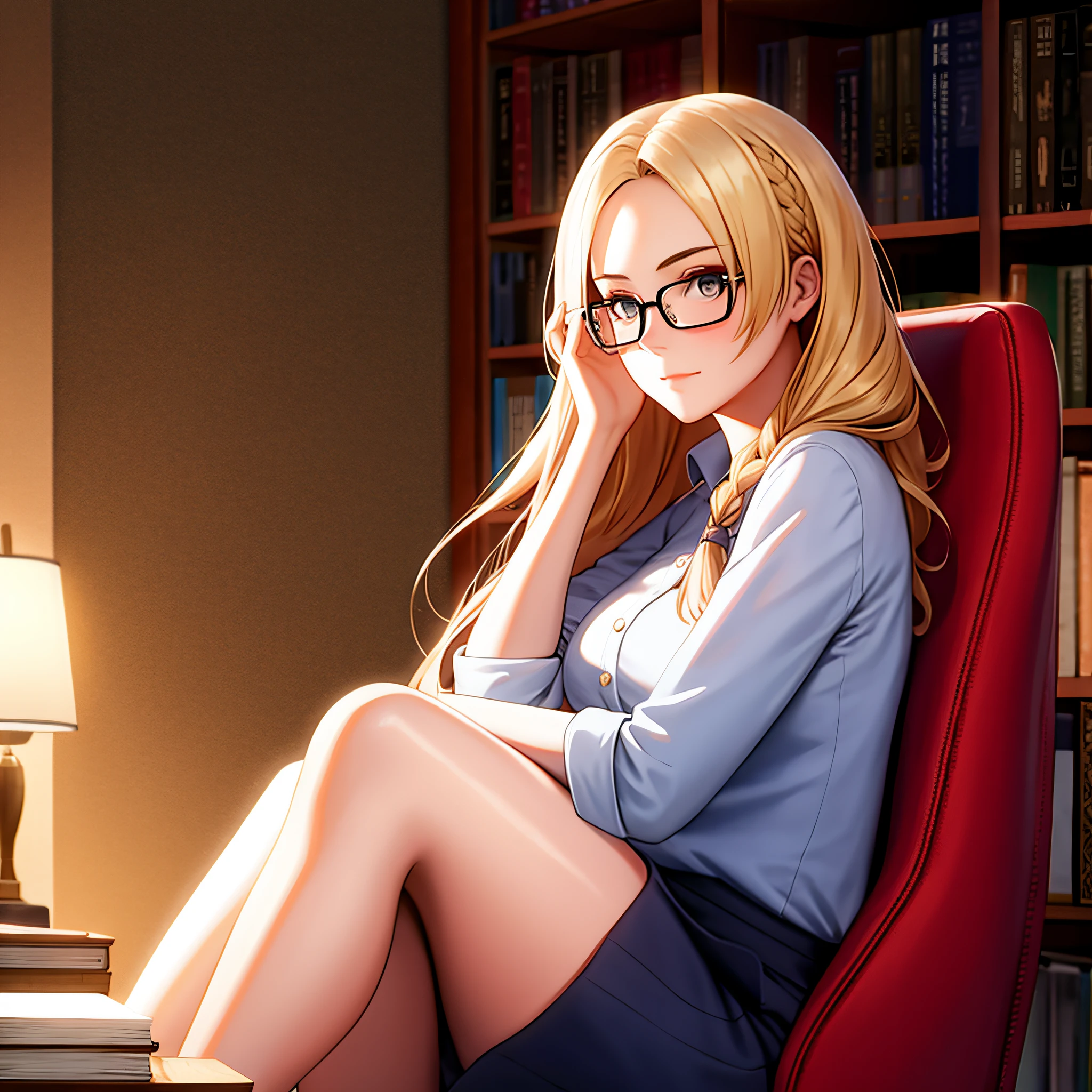 1girl, 2solo focus, a candid photo of a curvy blond woman sitting in a chair at a desk, long braided hair, glasses, navy blue blouse, knee-length skirt, looking to her left at the viewer, surprised expression, brushing hair from her face with her hand, 30 years old, library, open book, ultra detailed, 8K, volumetric lighting, epic composition, side view