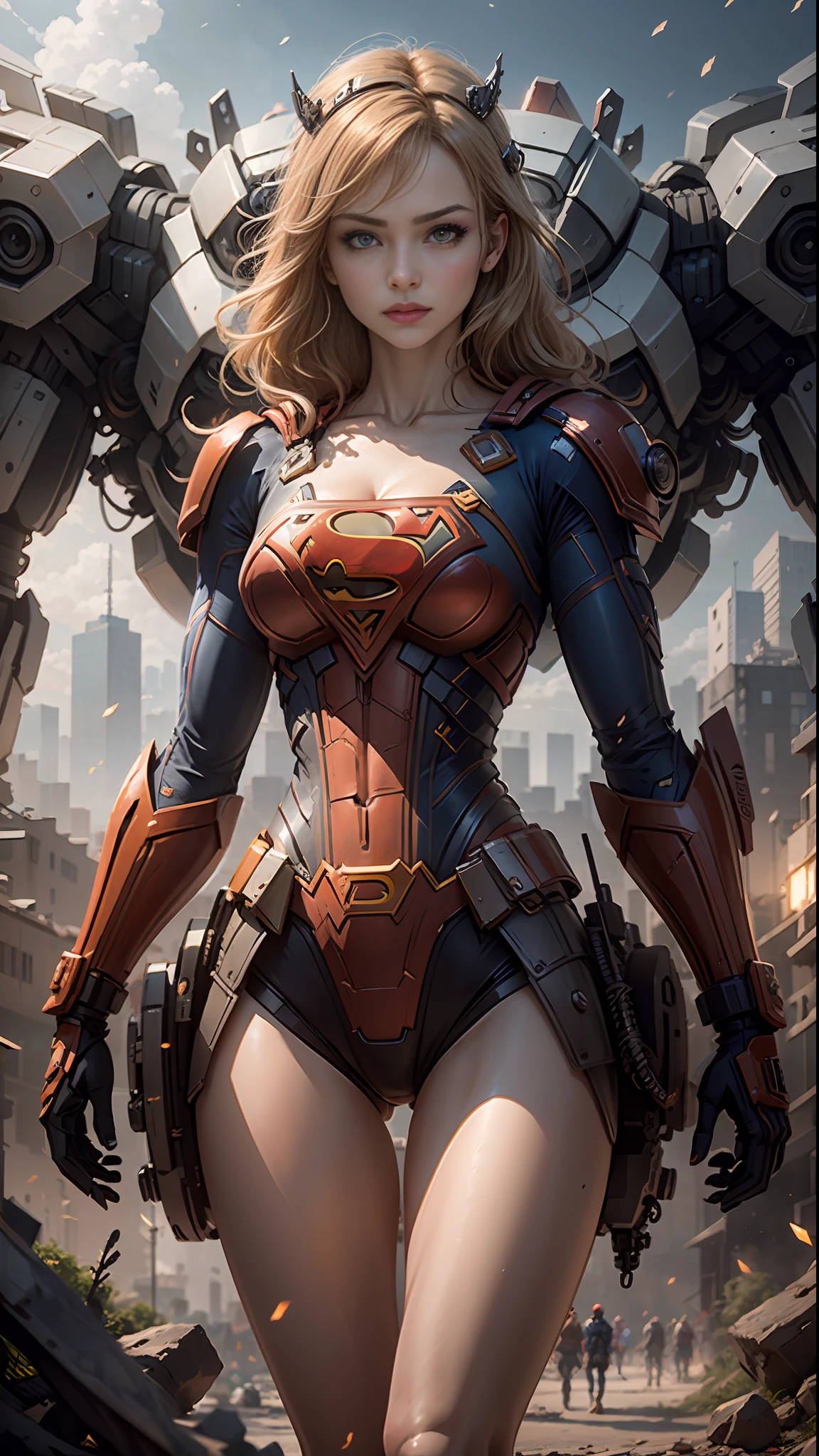 ((Best Quality)), ((Supergirl's Masterpiece)), (Very Detailed: 1.3), 3D, Shitu-mecha, Beautiful cyberpunk woman wearing crown with her ruined mecha of a forgotten war city, long blonde hair, blue eyes, superman S symbol on chest, sci-fi technology, HDR (High Dynamic Range), ray tracing, nvidia RTX, super resolution, unreal 5, subsurface scattering, PBR texture, post-processing, anisotropic filtering, depth of field, maximum sharpness and sharpness, multi-layer texture, specular and albedo mapping, surface shading, accurate simulation of light-material interactions, perfect proportions, octane rendering, duotone lighting, low ISO, white balance, rule of thirds, wide aperture, 8K RAW, high-efficiency subpixels, subpixel convolution, light particles, light scattering, Tyndall effect