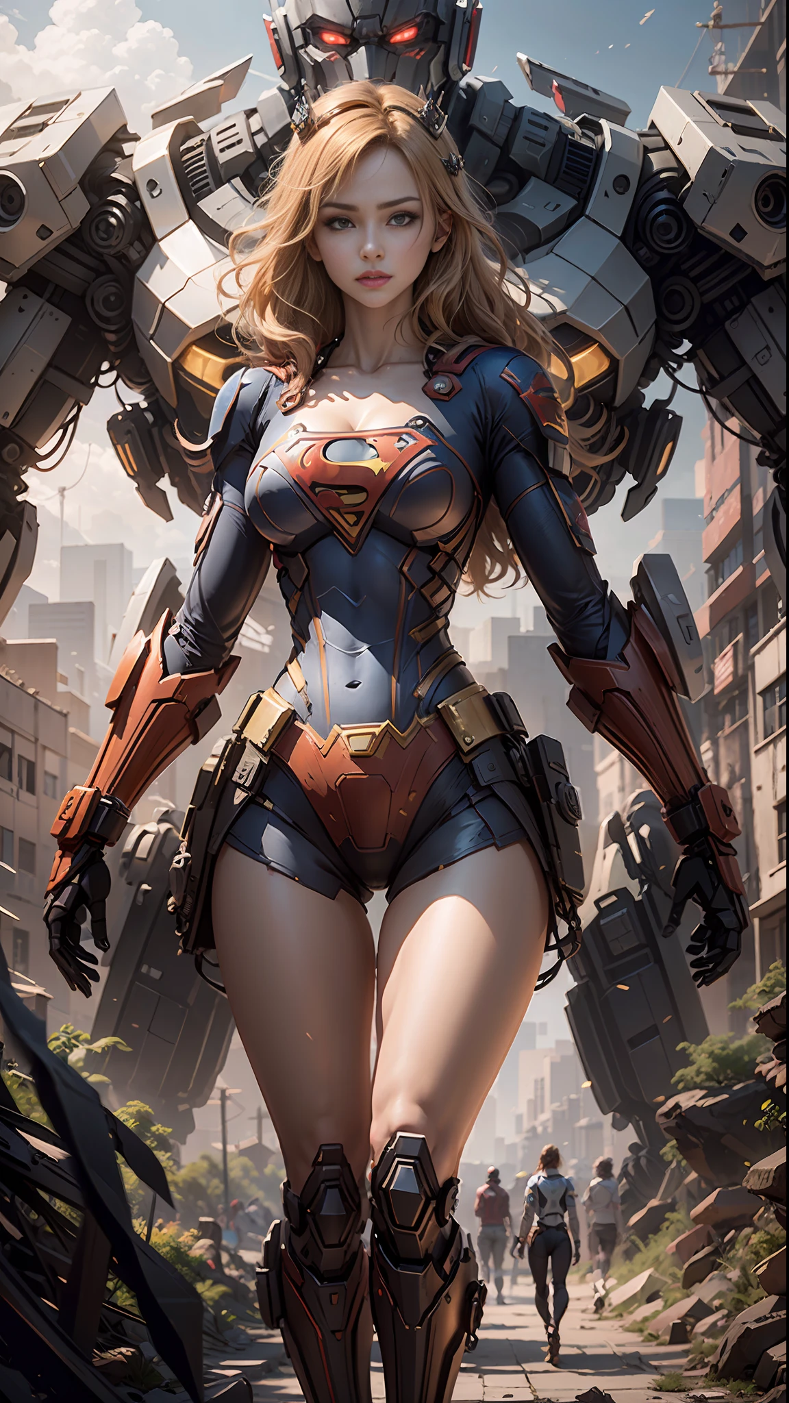 ((Best Quality)), ((Supergirl's Masterpiece)), (Very Detailed: 1.3), 3D, Shitu-mecha, Beautiful cyberpunk woman wearing crown with her ruined mecha of a forgotten war city, long blonde hair, blue eyes, superman S symbol on chest, sci-fi technology, HDR (High Dynamic Range), ray tracing, nvidia RTX, super resolution, unreal 5, subsurface scattering, PBR texture, post-processing, anisotropic filtering, depth of field, maximum sharpness and sharpness, multi-layer texture, specular and albedo mapping, surface shading, accurate simulation of light-material interactions, perfect proportions, octane rendering, duotone lighting, low ISO, white balance, rule of thirds, wide aperture, 8K RAW, high-efficiency subpixels, subpixel convolution, light particles, light scattering, Tyndall effect