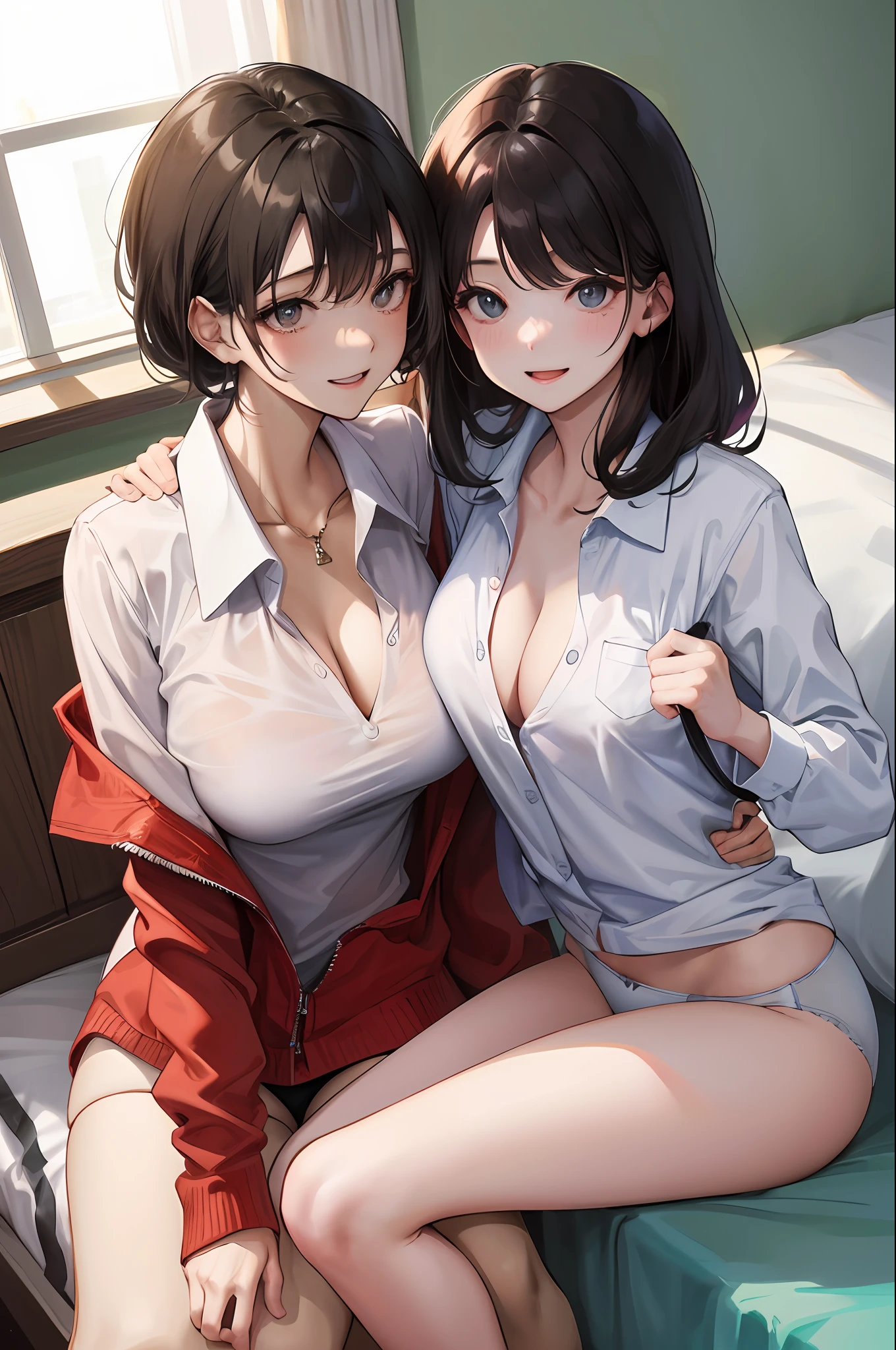 realisticlying、2 females、Polo shirt、Wearing underwear、Bedrooms、realisitic、A sexy、Cleavage emphasis、Face smile、Breasts a little bigger