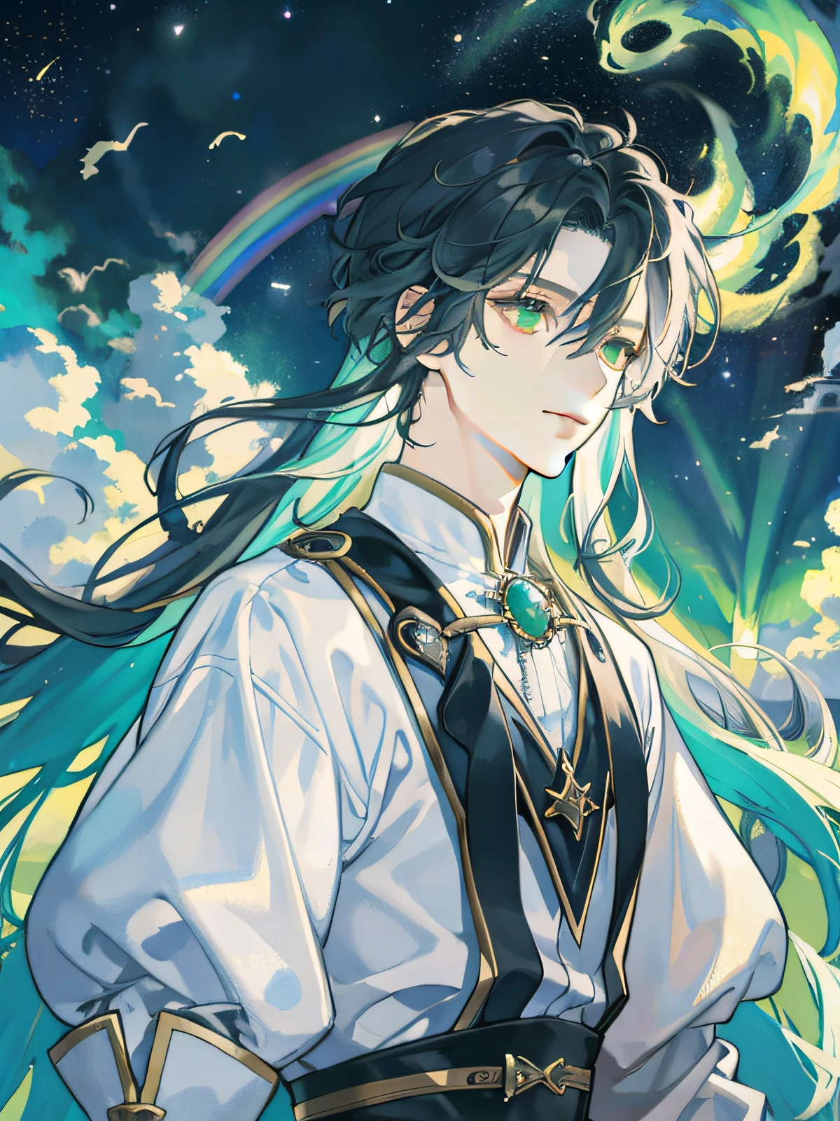 masterpaintings、Need、1 guy、adult、Magic Array、rainbow Sunlight、Rainbow light、Bubble Swirling、Wind swirl、The aurora、Fantastic landscape, Starlight around the character, (Upper body body)