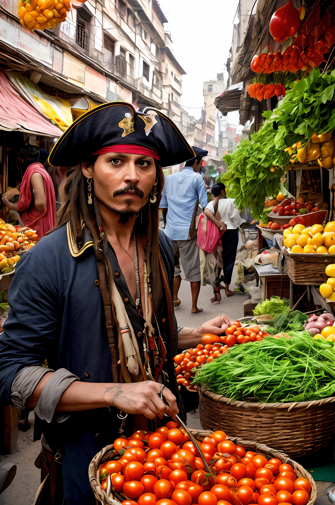 pirates captain with a vegetable stall on a street, streets of calcutta, captain jack sparrow, on in indian street, street vendors, jack sparrow, selling tomatoes, johnny depp, street market, style steve mccurry, inspired by Steve McCurry, portrait of captain jack sparrow, handsome man, portrait of johnny depp, rastafarian, salsa vendor, india