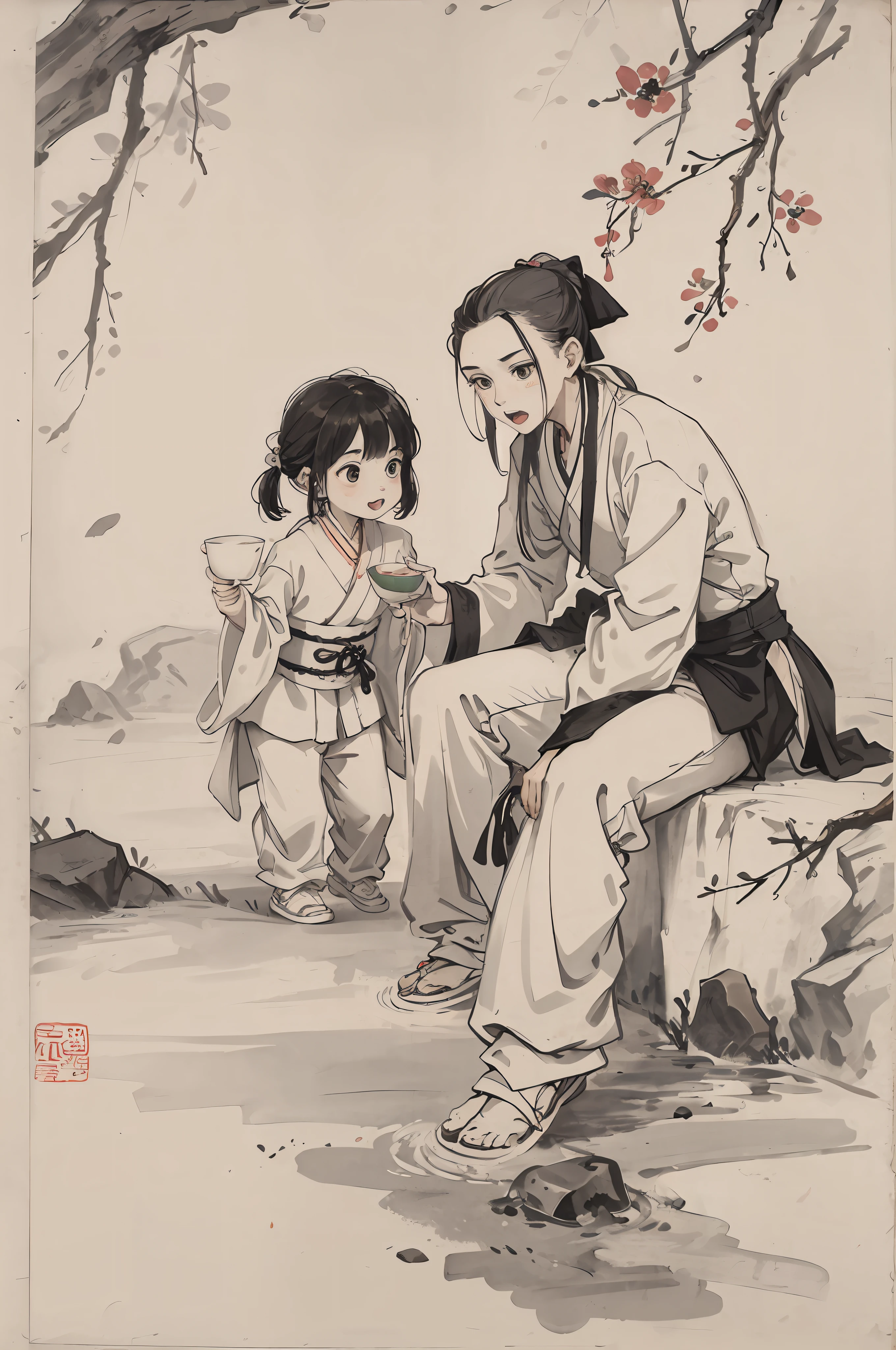 (masterpaintings,Best Quority:1.2),chinese traditional ink painting,Two children are arguing with each other, The child on the left holds a cup of tea,The child on the right holds a cup of tea in his hand