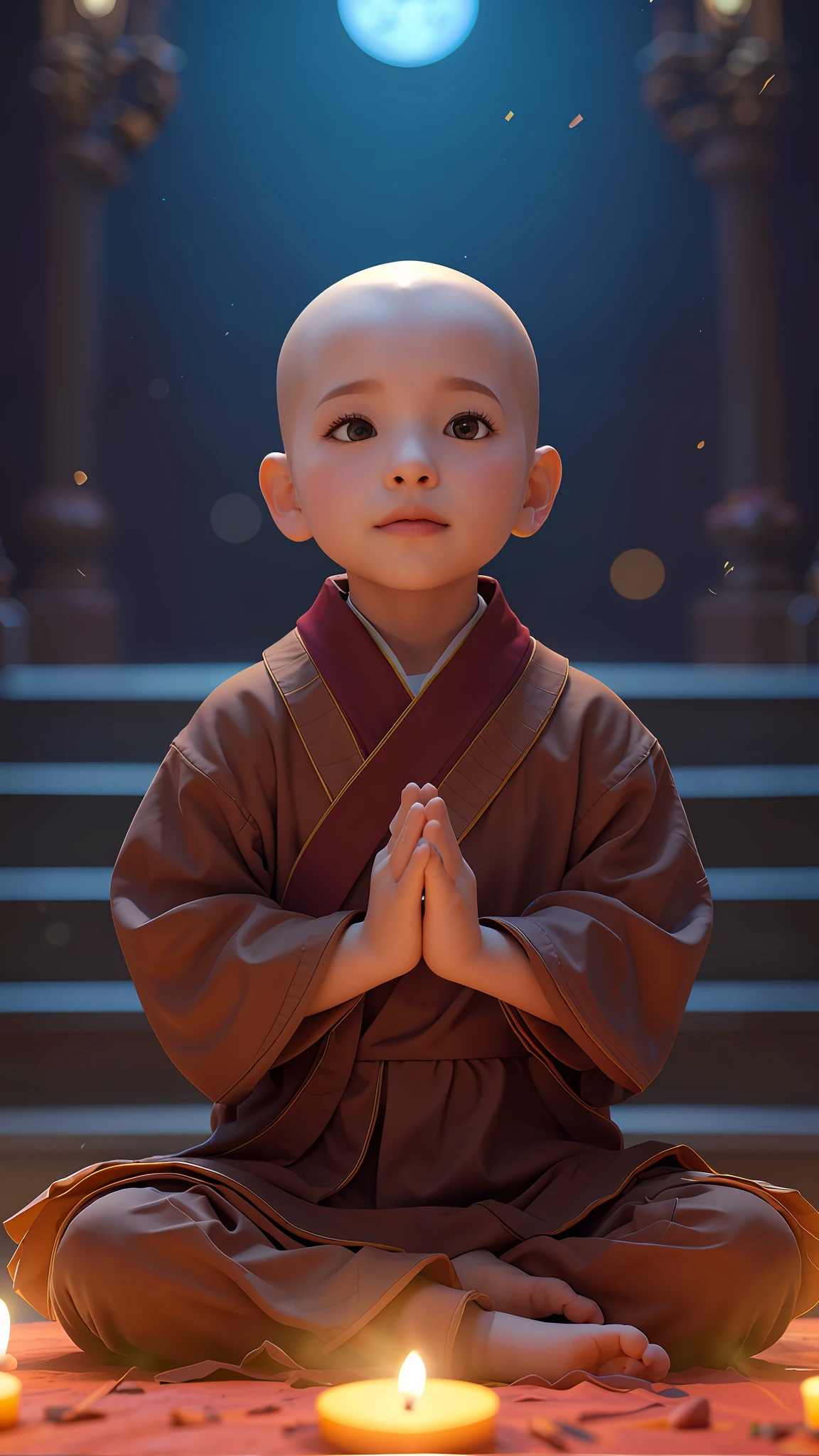 The  sits on the ground，There is a candle in front of him, cute digital painting, childrens art in artstation, wojtek fus, Ross Tran 8 K, Personagem pequeno. Unreal Engine 5, rossdraws global illumination, 3 D rendering character art 8 K, concept art of a monk, smooth 3d cg render, he is greeting you warmly