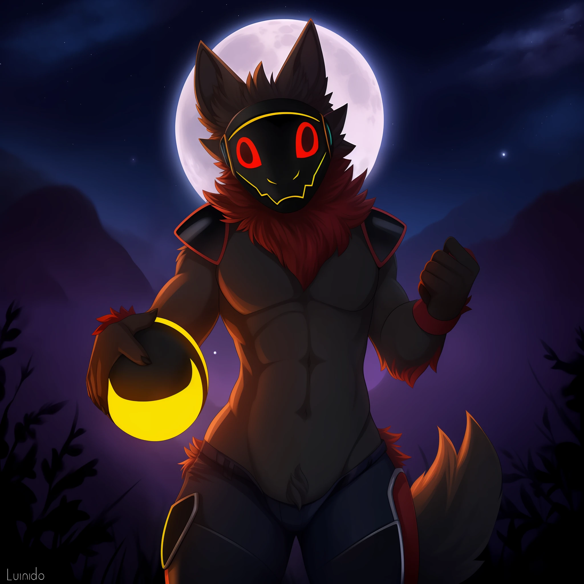 Protogen, pelaje negro y ojos rojos, pelaje suave, cuerpo detallado, sosteniendo una espada con una mano ,cielo oscuro, estrellas, luna llena, anochecer