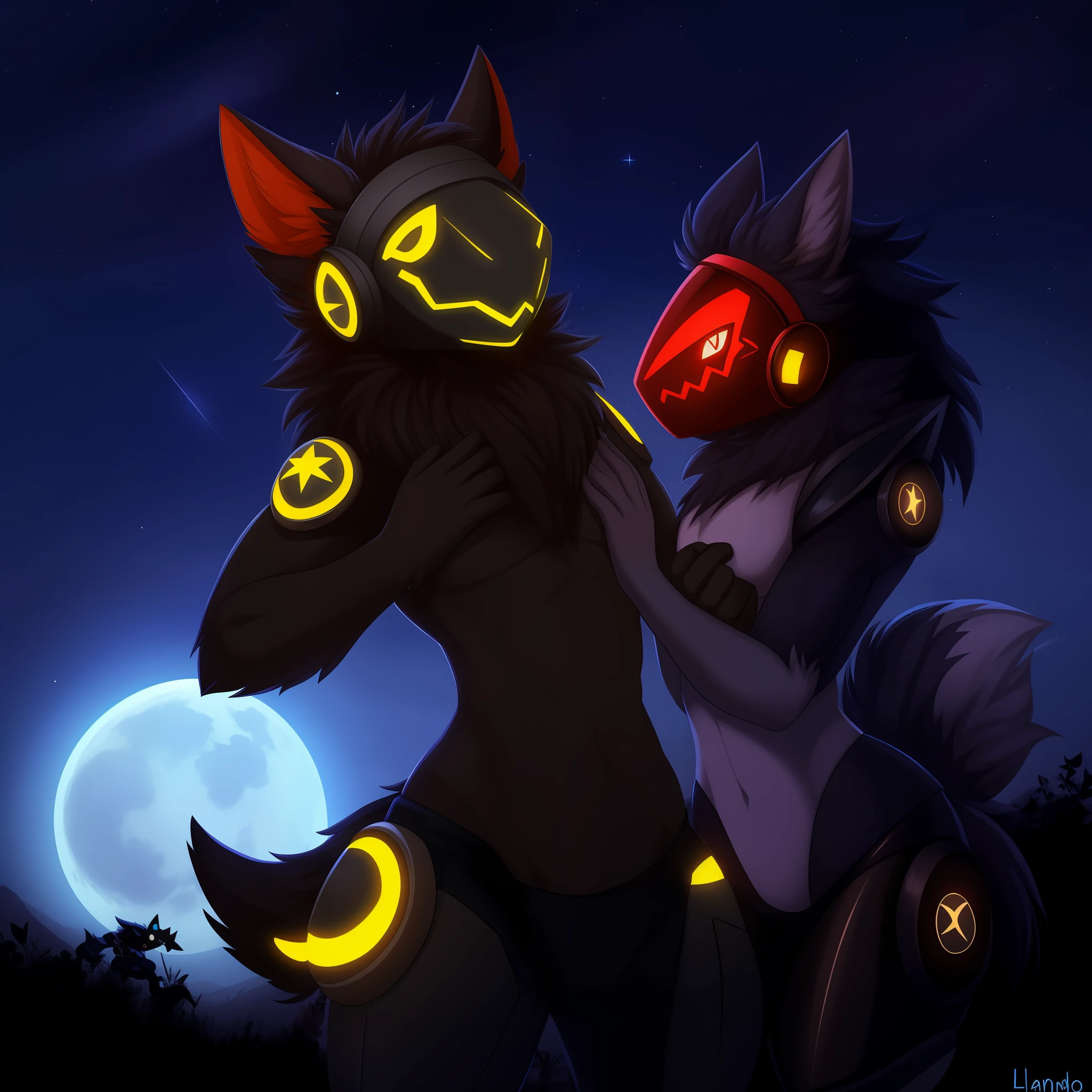 Protogen, pelaje negro y ojos rojos, pelaje suave, cuerpo detallado, sosteniendo una espada con una mano ,cielo oscuro, estrellas, luna llena, anochecer