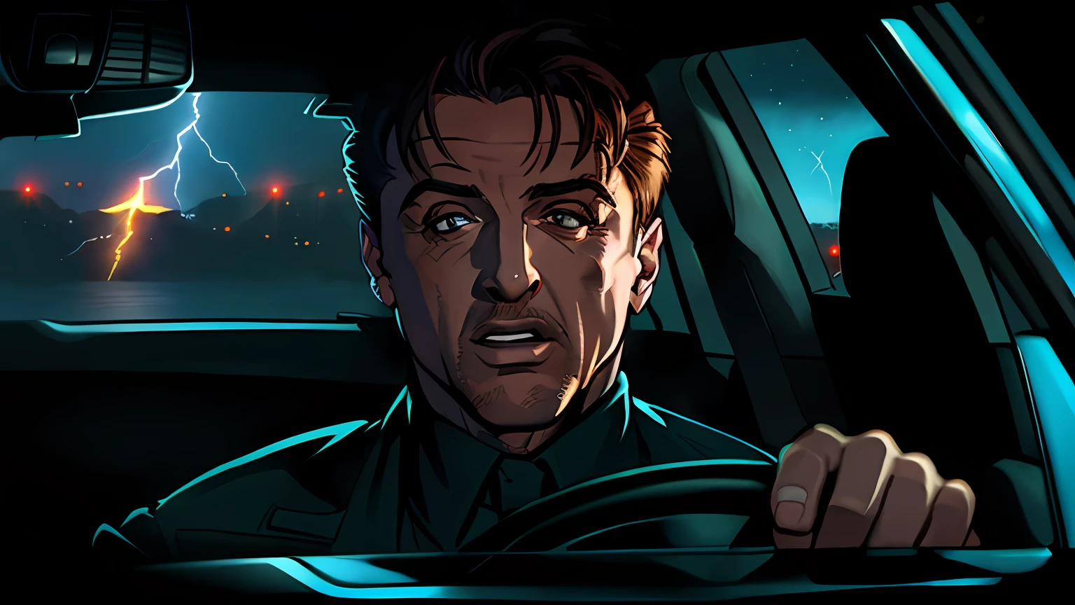 (((Cara confusa)), (comic styled), Silvester Stallone como policial dirigindo um carro, cena escura, sentado dentro de um carro, olhos azuis, Cidade Noturna, particles, Chuva leve, Foco masculino, (cabo de fluxo longo), noite, Chuva, lightning bolts, fundo detalhado, (arte de Frank Miller), ((hands on the steering wheel)), obra-prima, (realista:1.3), perfect illumination, sombreamento perfeito, (textura realista do tecido), hiper-realista, (fotorrealista:1.5)