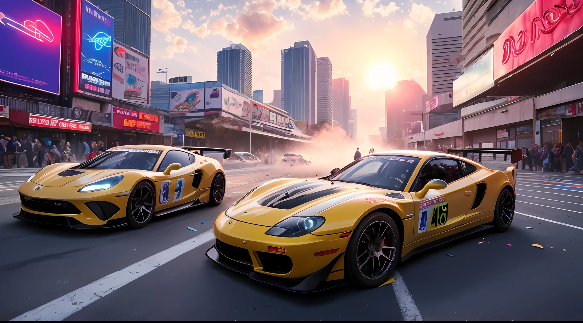 bright sunny day beautiful cloudy sky sunset sports car racing down cyberpunk Miami city streets neon signs and crowds confetti debris dust wind volumetric fog exciting epic action camera, (masterpiece:1.2) (photorealistic:1.2) (bokeh) (best quality) (detailed skin) (intricate) (8k) (HDR) (cinematic lighting) (sharp focus)
