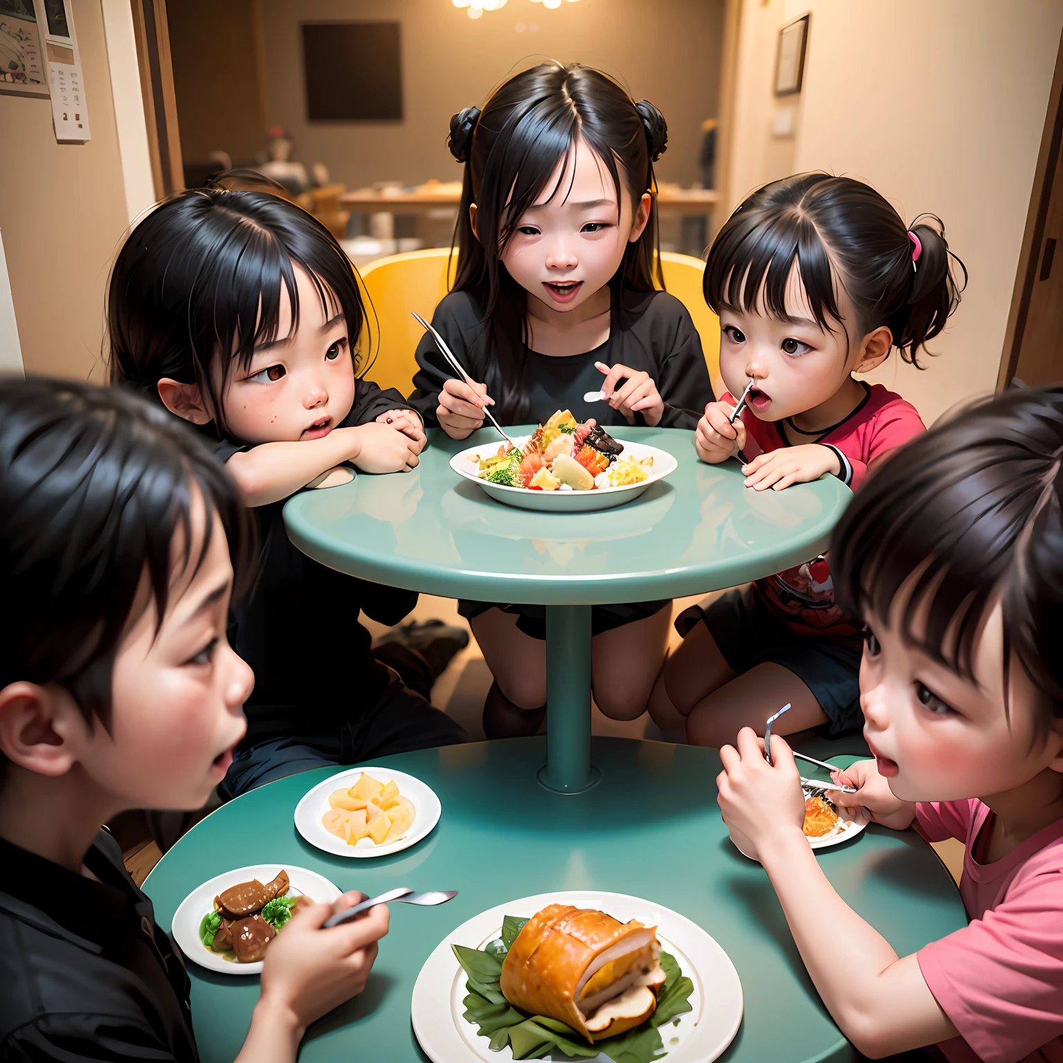 A group of children from Guangdong, China, eat around a small blue dining table,very happily,Guangzhou,China-style --auto