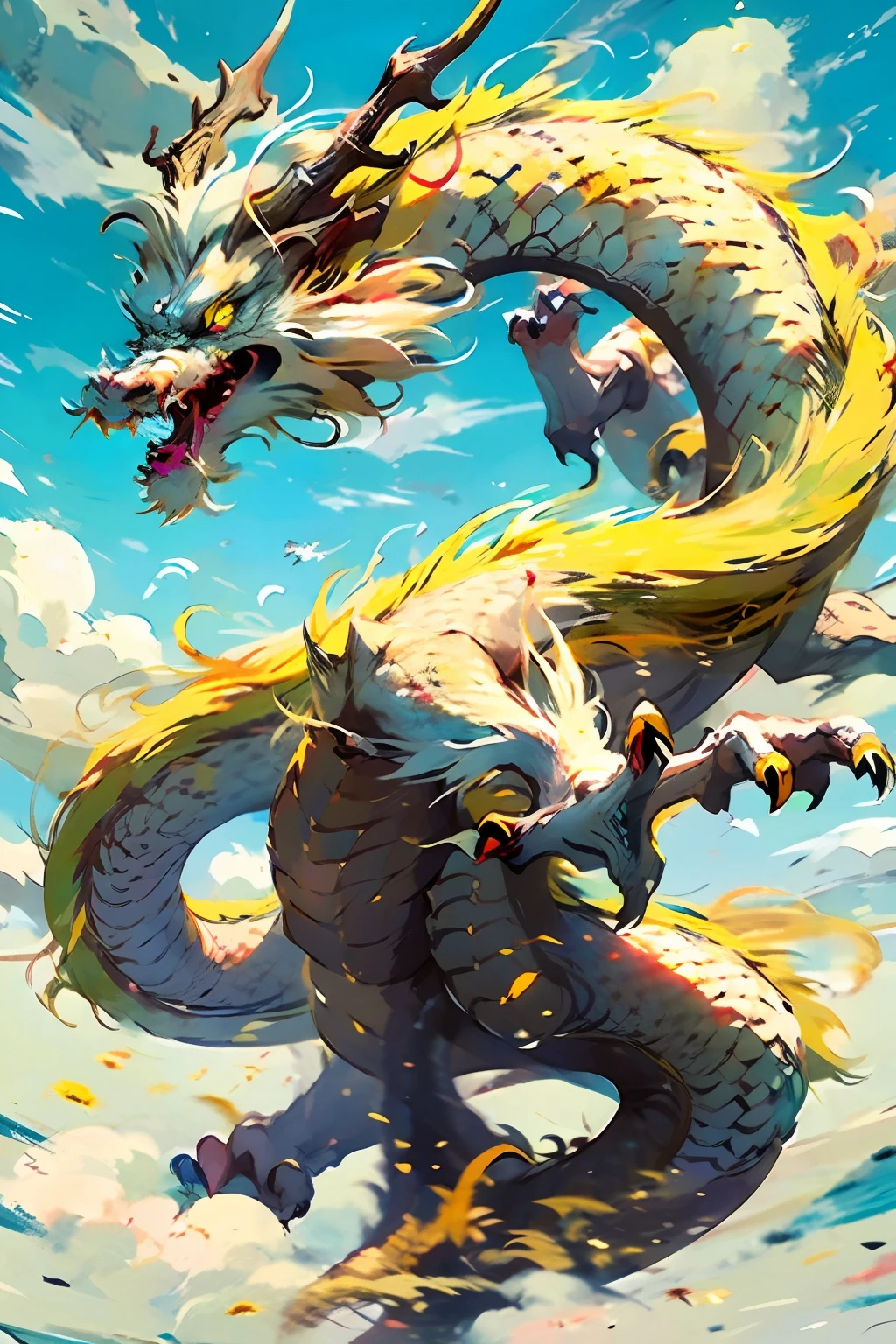 Best quality,masterpiece,ultra high res,nu no humans, (long:1.2),sky, yellow eyes, cloud, scales, eastern dragon, open mouth, sharp teeth, flying, horns, teeth, day, claws, fangs, blue sky