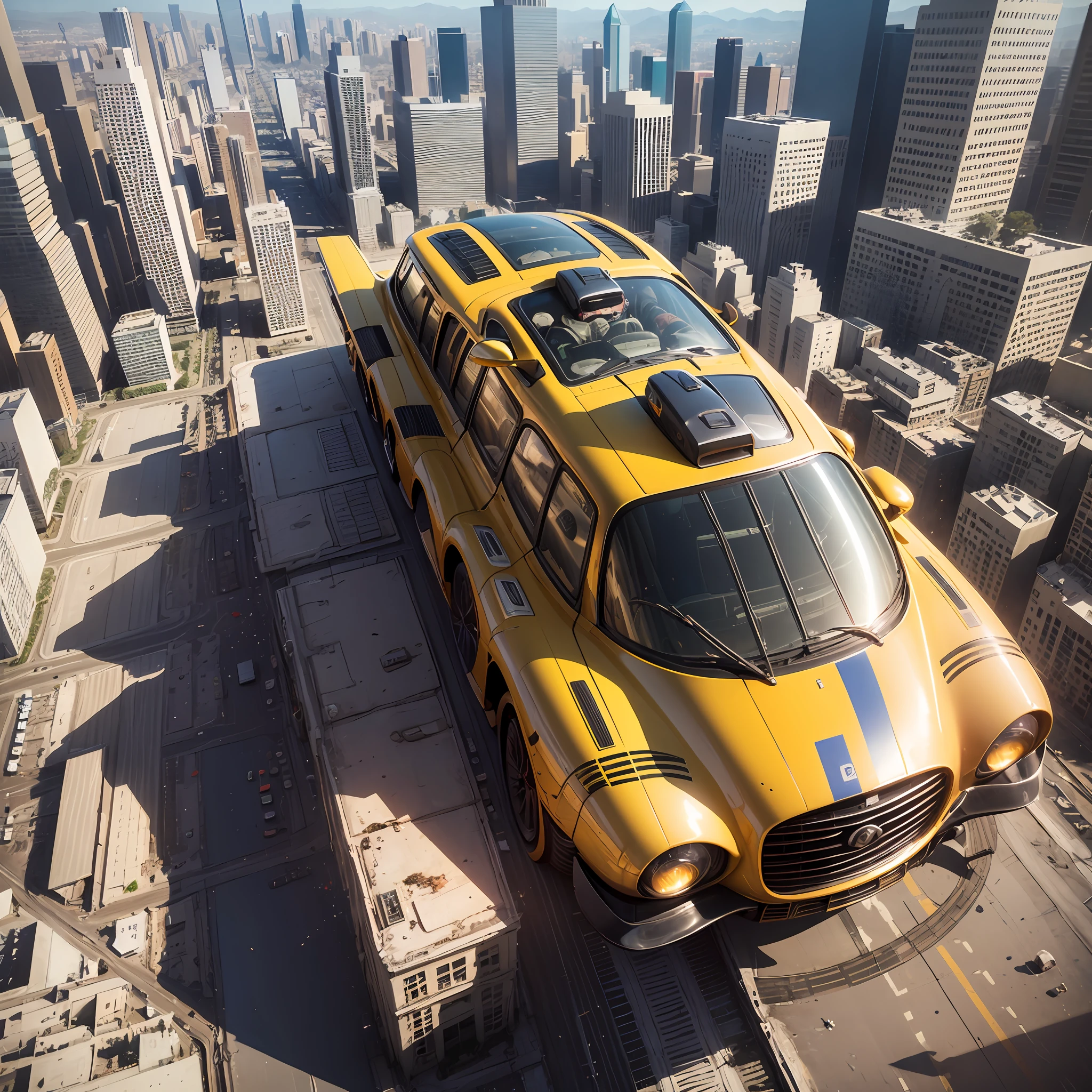 1990s science fiction, hyper realistic Luc Besson style scene, retro futuristic flying car Yellow Korben Dallas, Taxi Fifth Element Hoodie, flying through the sky of Caracas-Venezuela, on a sunny afternoon, intricate details, realistic, hyper detailed, realistic photography, dramatic lighting, cinematic, digital art, octane render, dynamic lighting, 8k, HD, high contrast lighting, wide angle top view --auto --s2