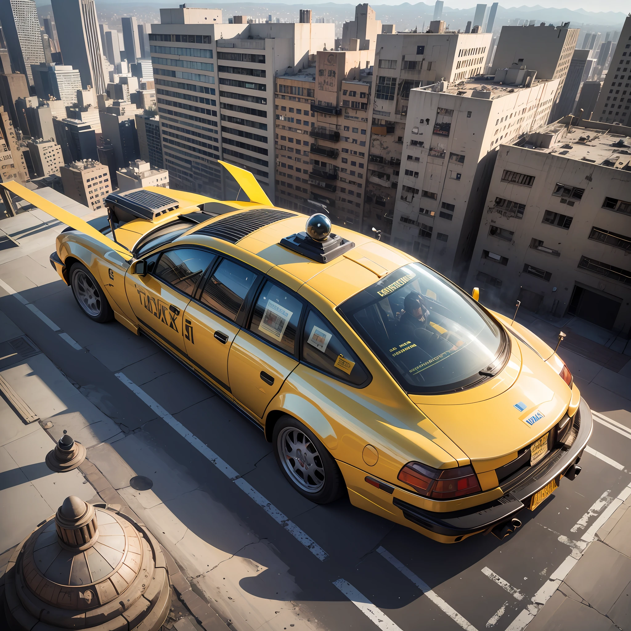 1990s science fiction, hyper realistic Luc Besson style scene, retro futuristic flying car Yellow Korben Dallas, Taxi Fifth Element Hoodie, flying through the sky of Caracas-Venezuela, on a sunny afternoon, intricate details, realistic, hyper detailed, realistic photography, dramatic lighting, cinematic, digital art, octane render, dynamic lighting, 8k, HD, high contrast lighting, wide angle top view --auto --s2