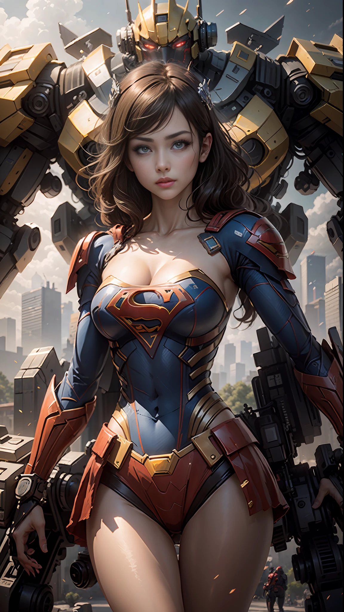 ((Best Quality)), ((Supergirl's Masterpiece)), (Very Detailed: 1.3), 3D, Shitu-mecha, Beautiful cyberpunk woman wearing crown with her ruined mecha of a forgotten war city, long blonde hair, blue eyes, superman S symbol on chest, sci-fi technology, HDR (High Dynamic Range), ray tracing, nvidia RTX, super resolution, unreal 5, subsurface scattering, PBR texture, post-processing, anisotropic filtering, depth of field, maximum sharpness and sharpness, multi-layer texture, specular and albedo mapping, surface shading, accurate simulation of light-material interactions, perfect proportions, octane rendering, duotone lighting, low ISO, white balance, rule of thirds, wide aperture, 8K RAW, high-efficiency subpixels, subpixel convolution, light particles, light scattering, Tyndall effect