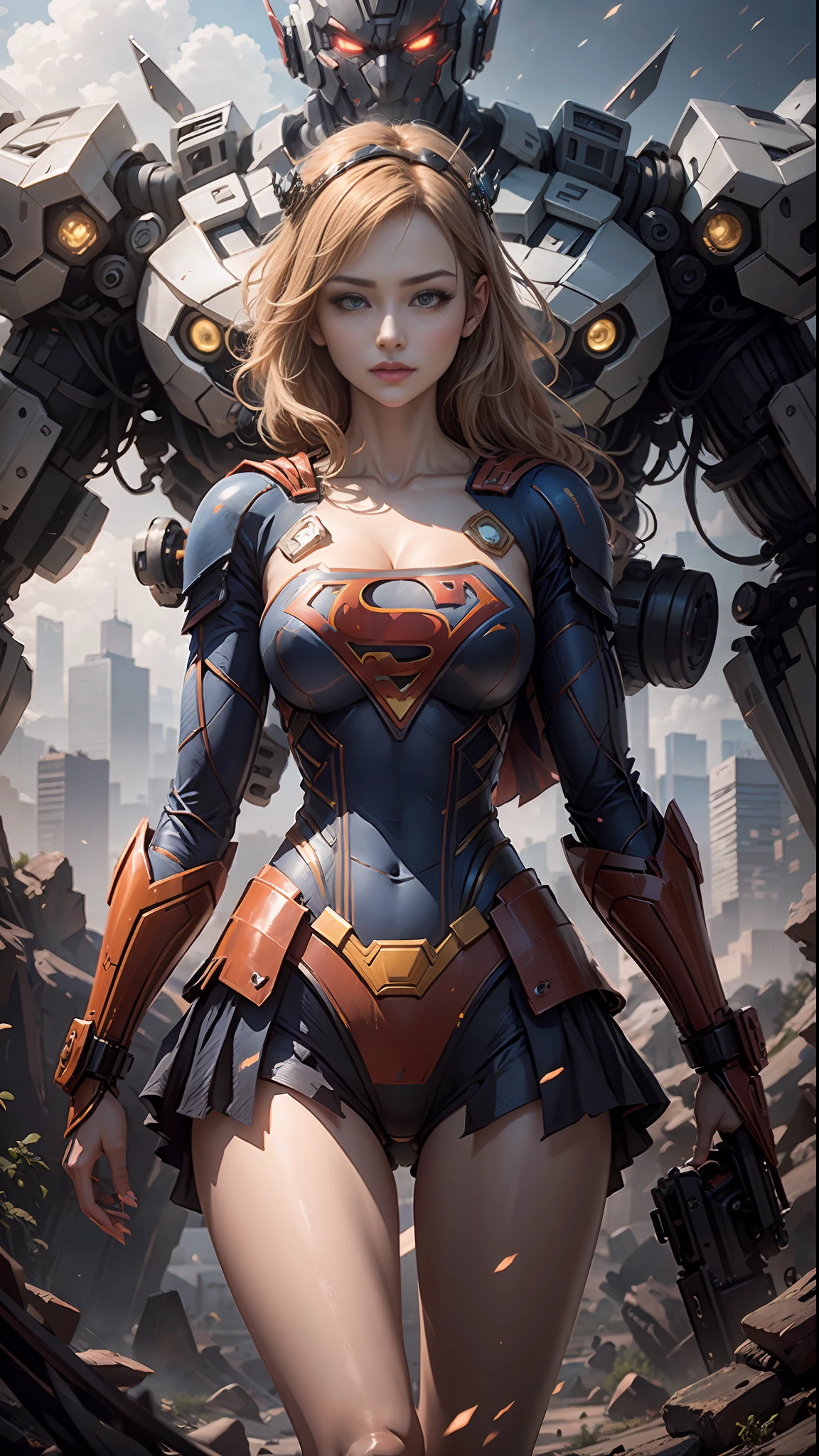 ((Best Quality)), ((Supergirl's Masterpiece)), (Very Detailed: 1.3), 3D, Shitu-mecha, Beautiful cyberpunk woman wearing crown with her ruined mecha of a forgotten war city, long blonde hair, blue eyes, superman S symbol on chest, sci-fi technology, HDR (High Dynamic Range), ray tracing, nvidia RTX, super resolution, unreal 5, subsurface scattering, PBR texture, post-processing,  anisotropic filtering, depth of field, maximum sharpness and sharpness, multi-layer texture, specular and albedo mapping, surface shading, accurate simulation of light-material interactions, perfect proportions, octane rendering, duotone lighting, low ISO, white balance, rule of thirds, wide aperture, 8K RAW, high-efficiency subpixels, subpixel convolution, light particles, light scattering, Tyndall effect