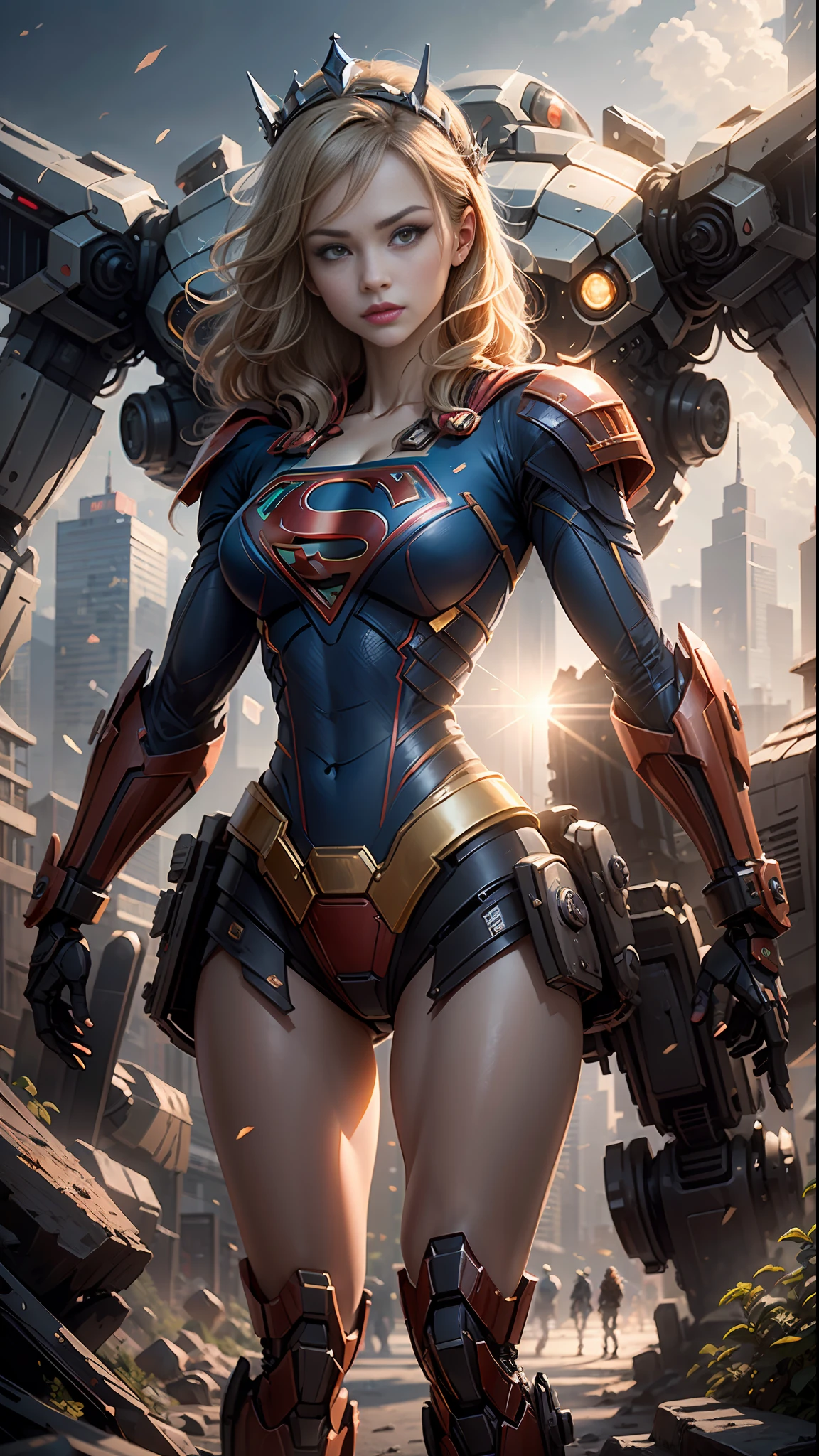 ((Best Quality)), ((Supergirl's Masterpiece)), (Very Detailed: 1.3), 3D, Shitu-mecha, Beautiful cyberpunk woman wearing crown with her ruined mecha of a forgotten war city, long blonde hair, blue eyes, superman S symbol on chest, sci-fi technology, HDR (High Dynamic Range), ray tracing, nvidia RTX, super resolution, unreal 5, subsurface scattering, PBR texture, post-processing,  anisotropic filtering, depth of field, maximum sharpness and sharpness, multi-layer texture, specular and albedo mapping, surface shading, accurate simulation of light-material interactions, perfect proportions, octane rendering, duotone lighting, low ISO, white balance, rule of thirds, wide aperture, 8K RAW, high-efficiency subpixels, subpixel convolution, light particles, light scattering, Tyndall effect