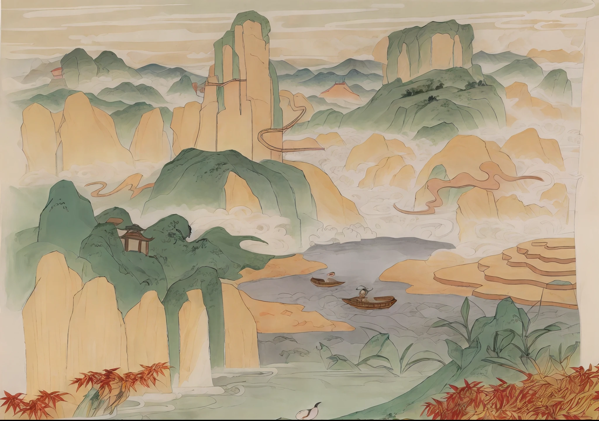 a drawing of a mountain with a house and a bird in it, 2d game lineart behance hd, 2d game lineart behance hd, coloring book page, clean lineart, colouring - in sheet, Chinese landscape, stylized linework, bold lineart, Coloring book outline, lineart behance hd, arte de fundo, clean coloring book page,baiyun,mountain ranges,river stream,teals,bamboo raft,Ancient Chinese architecture