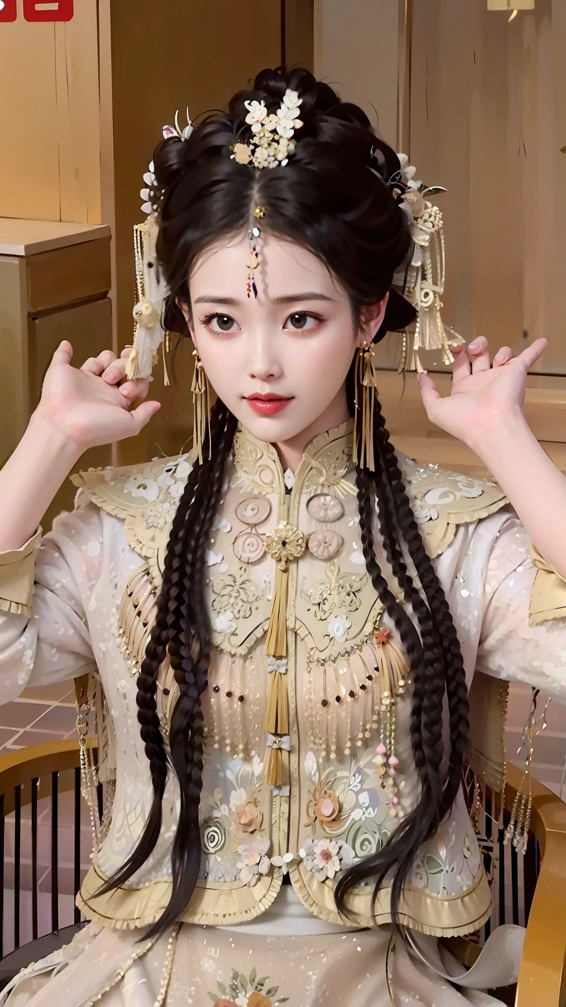 a close up of a woman with long hair wearing a dress, royal palace ， A girl in Hanfu, Wearing ancient Chinese clothes, a beautiful fantasy empress, chinese empress, ancient chinese princess, China Princess, Hanfu, Chinese costume, Inspired by Huang Ji, inspired by Du Qiong, with acient chinese clothes, inspired by Luo Mu, Chinese style, shaxi