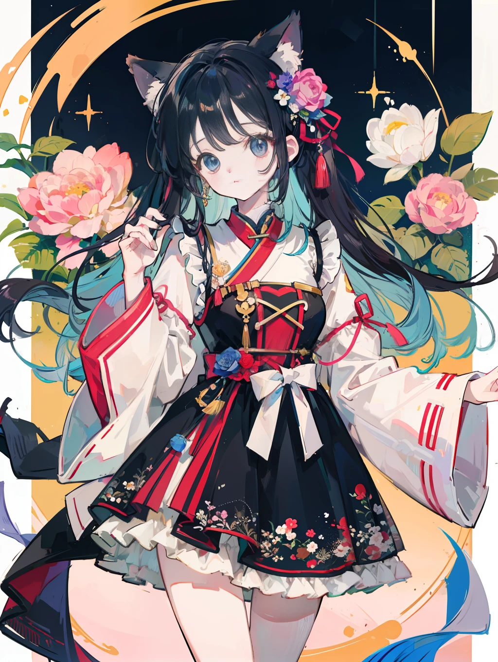 Anime Pictures。Bright and pretty shades。Cute woman with cat ears about 18 years old。Clothing designed in the image of Hungarian national costume。Flowers are fluttering。Extremely high quality、high picture quality、Maste Piece、Best-aesthetic