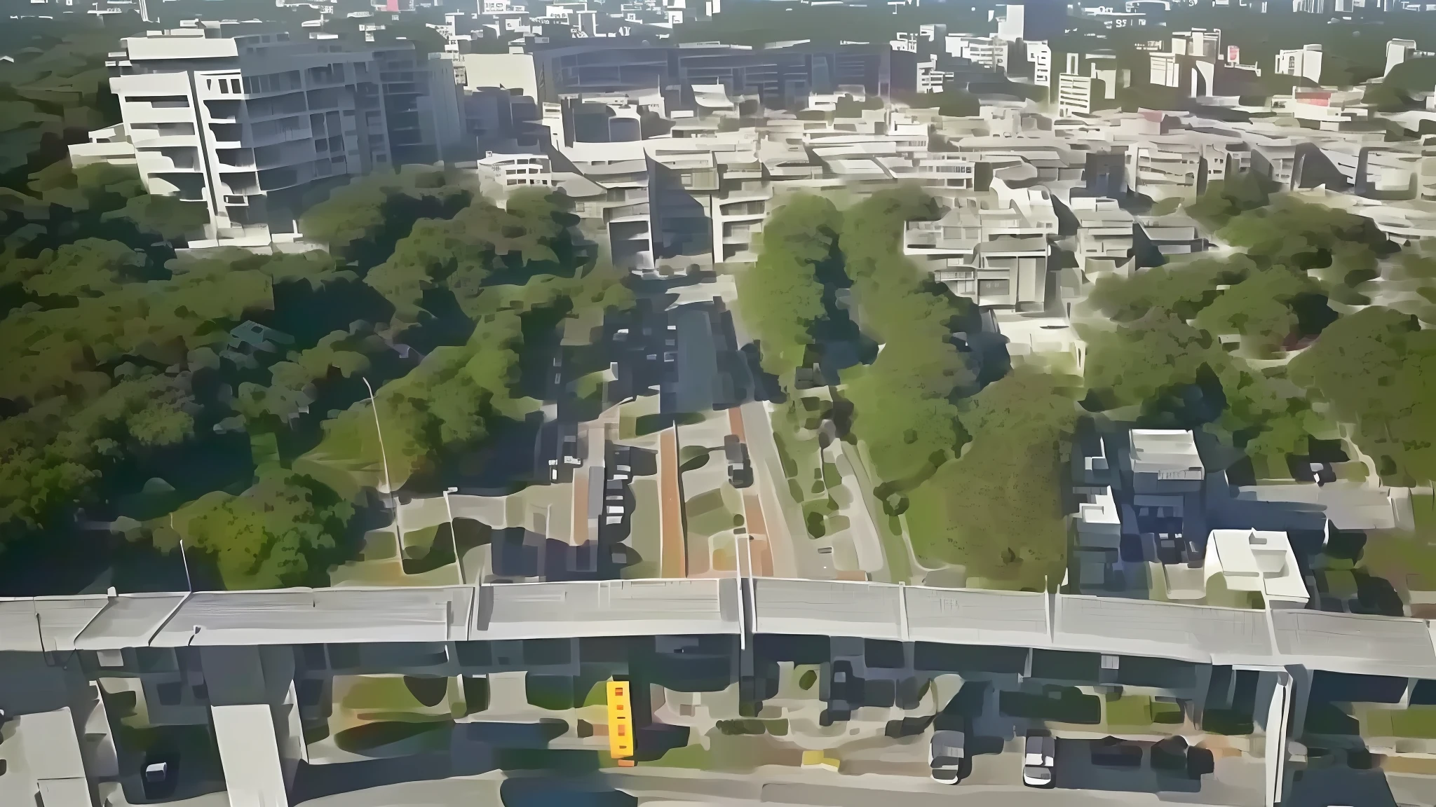 there is a view of a city from a high angle, Japan High School, aerial viewyoji shinkawa, set in tokyo bank parking lot, [ overhead view ]!!, photograph from above, high aerial shot, looking from above, cyberpunk gunma prefecture, viewed from bird's-eye, shot from 5 0 feet distance, shot from above, photo from above
