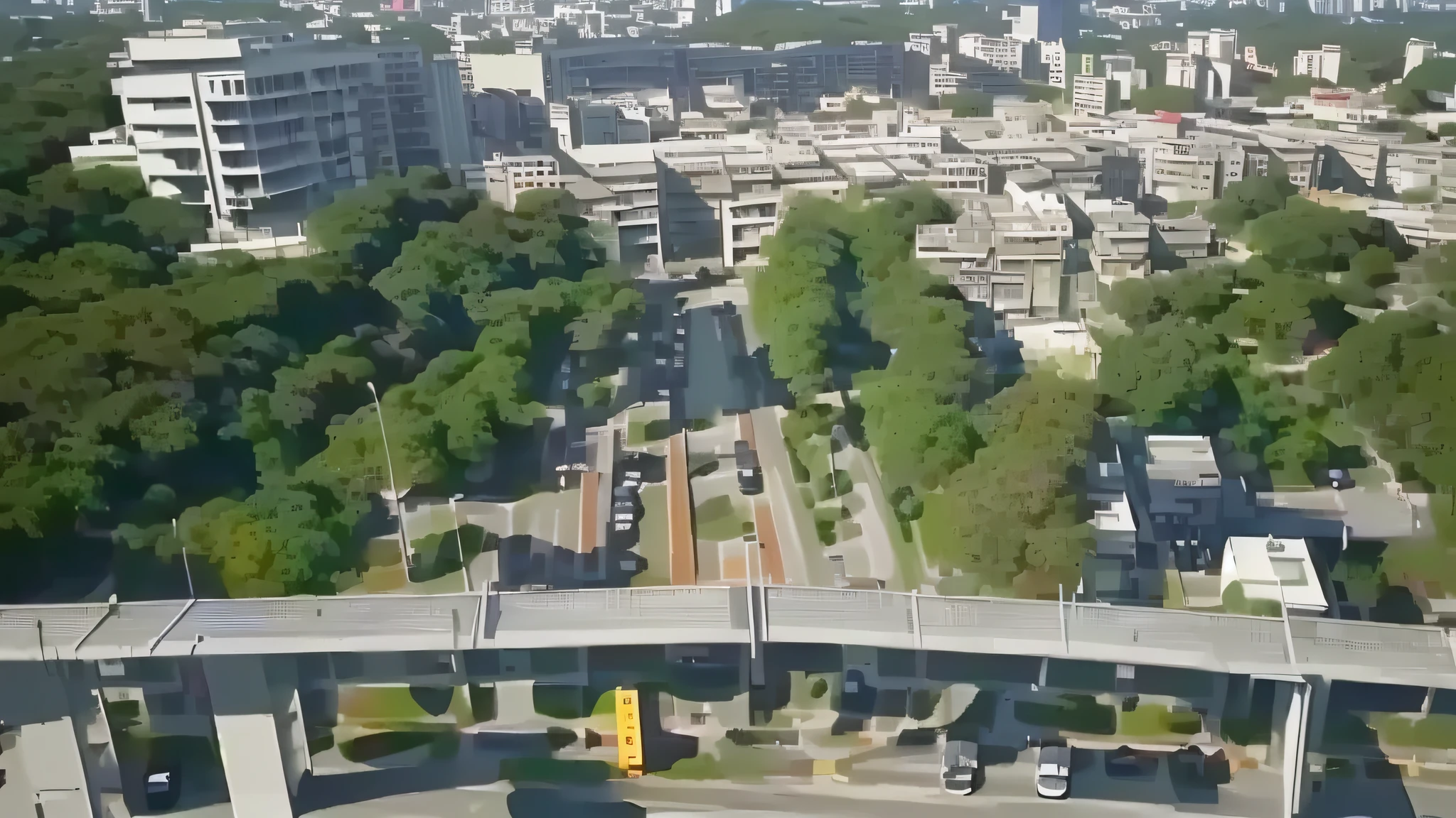 there is a view of a city from a high angle, Japan High School, aerial viewyoji shinkawa, set in tokyo bank parking lot, [ overhead view ]!!, photograph from above, high aerial shot, looking from above, cyberpunk gunma prefecture, viewed from bird's-eye, shot from 5 0 feet distance, shot from above, photo from above