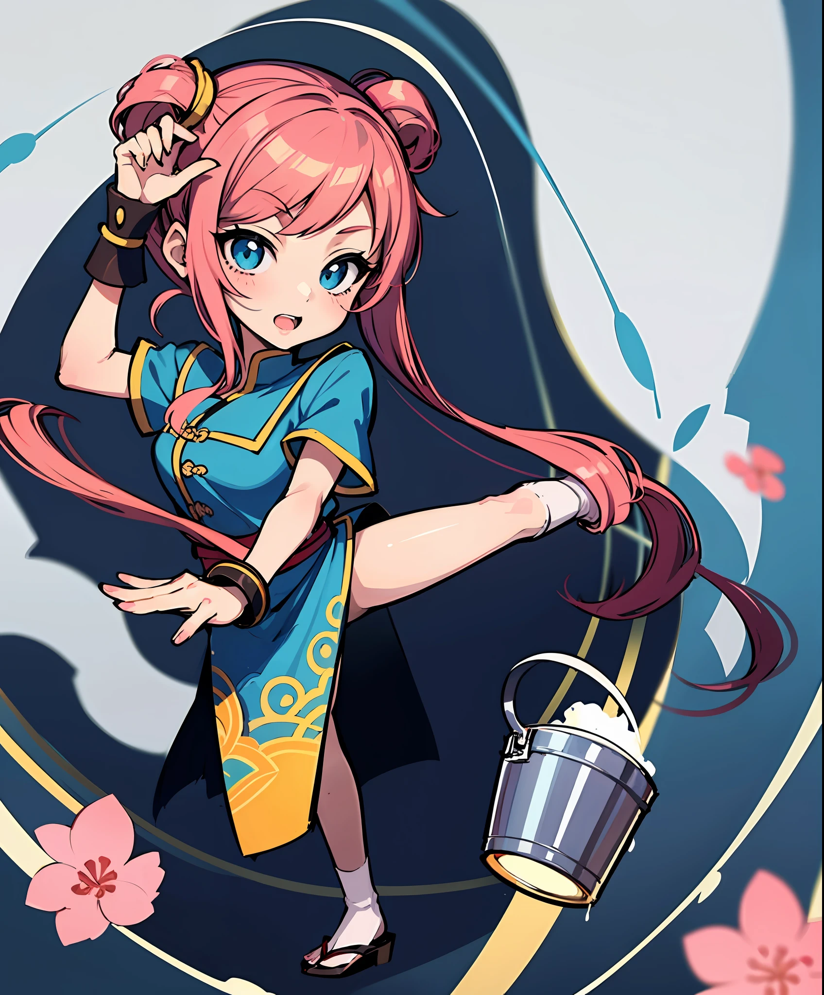 Menina, Anime child with pink hair and blue dress kicking a bucket with water, inspirado em Takehisa Yumeji, inspirado em Pu Hua, inspirado em Tosa Mitsuoki, Chibi, inspirado em Nishikawa Sukenobu, inspirado em Chen Chi, inspirado em Kishi Ganku, inspirado em Miao Fu, inspirado em Shi Rui, inspirado em Ju Lian, estilo Chun-li.