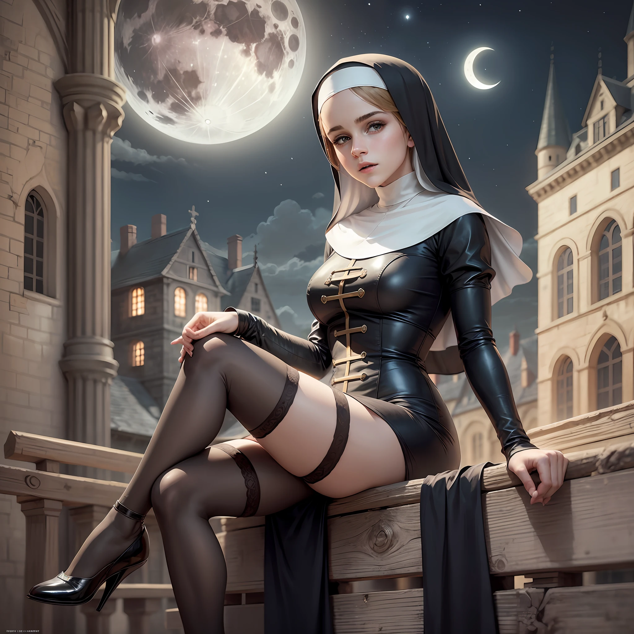  emma watson as a female nun sitting on a fence. tight intricate costume. slender body. medieval castle. night. background moon.