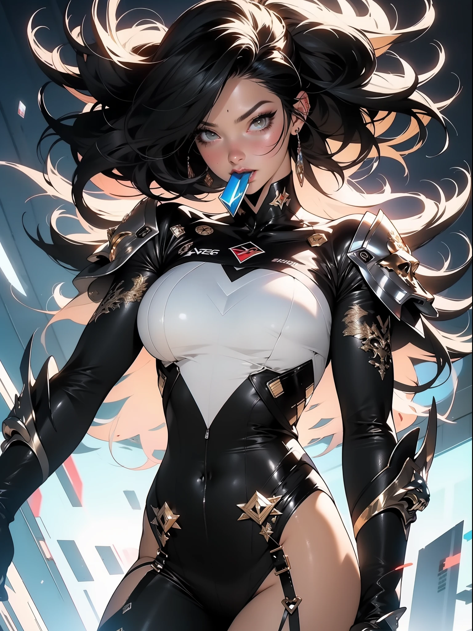((Best Quality)), ((Masterpiece)), (detailed: 1.4), (Absurd), A muscular 35-year-old warrior woman almost naked in the Simon Bisley style for the cover of Heavy Metal magazine, hair half black half white, Minimum clothing, Short clothes black or red, ((Best quality)), ((masterpiece)), (detailed: 1.4), (Absurd), sculptural body defined muscular, whole body, half thick naked thighs, mouth closed, muscular body covered by fantastic art clothing, semi naked, generous neckline, (((perfect large breasts)), (((white and black hair)))), long eyelashes heavy makeup, garter belt, by mucha, niji --V5, close to real, psychopath, crazy face, sexy pose, 2 piece clothing, shoulder pads with horns, pastel, centered, scale to fit the dimensions, HDR (High Dynamic Range),Ray Tracing, NVIDIA RTX,Super-Resolution,Unreal 5,Subsurface Dispersion, PBR Texture, Post-processing, Anisotropic filtering, Depth of field, Maximum clarity and sharpness, Multilayer textures, Albedo and specular maps, Surface shading, Accurate simulation of light-material interaction, Perfect proportions, Octane Render, Two-tone lighting, Wide aperture, Low ISO, White balance, Rule of thirds, 8K RAW