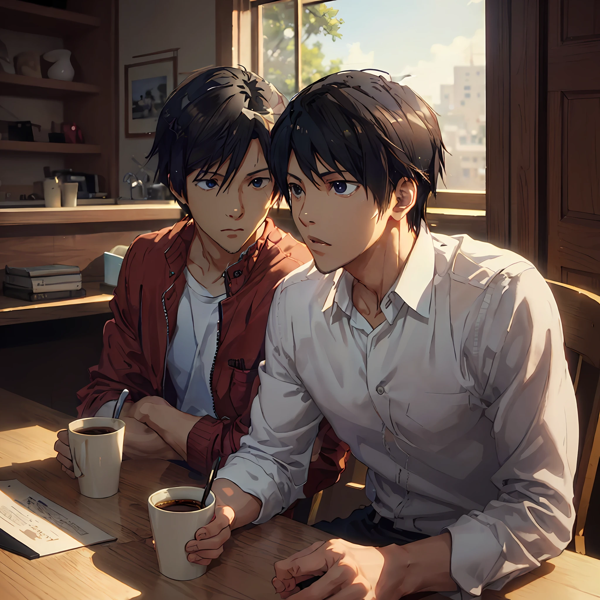 they are sitting at a table with a cup of coffee, Two anime handsome men, Paternity, Old father, Dandy father, yusuke murata and makoto shinkai, sakimichan and makoto shinkai, makoto shinkai and tom bagshaw, Makoto Shinkai and ArtGerm, ross tran and makoto shinkai, By Shinkai Makoto. Octane Render