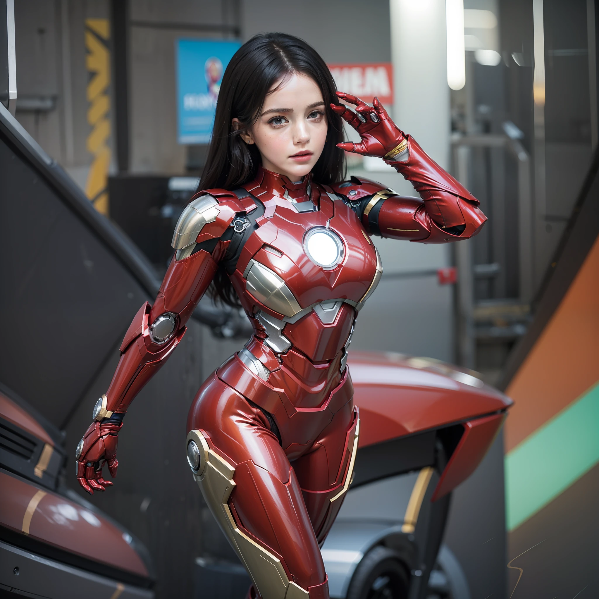 a woman in a suit is standing in front of a building, emma watson as iron man, from a marvel movie, from avengers, extremely detailed artgerm, like ironman, from marvel studios, by Marek Okon, movie poster character, from the avengers (2012), inspired by Mark Brooks, iron man, marvel concept art, mark brooks detailed, a full body picture of a woman in a iron man suit with a light glowing on chest, battle damaged iron man suit, iron man, female ironman, ironwoman, like ironman, ironman, high-quality render, hd masterpiece, tony sart highly detailed, red armor, superior iron man, a hyper realistic, iron, high-tech red armor, silver armor, metal armornya, futuristic metal atmor, red gold and silver color combination, big boobs, gigantic boobs, cleavage, show cleavage, show thigh, sexy iron man suit, show skin, great body proportion, good female body proportion, flying. Flying pose, fly on the sky