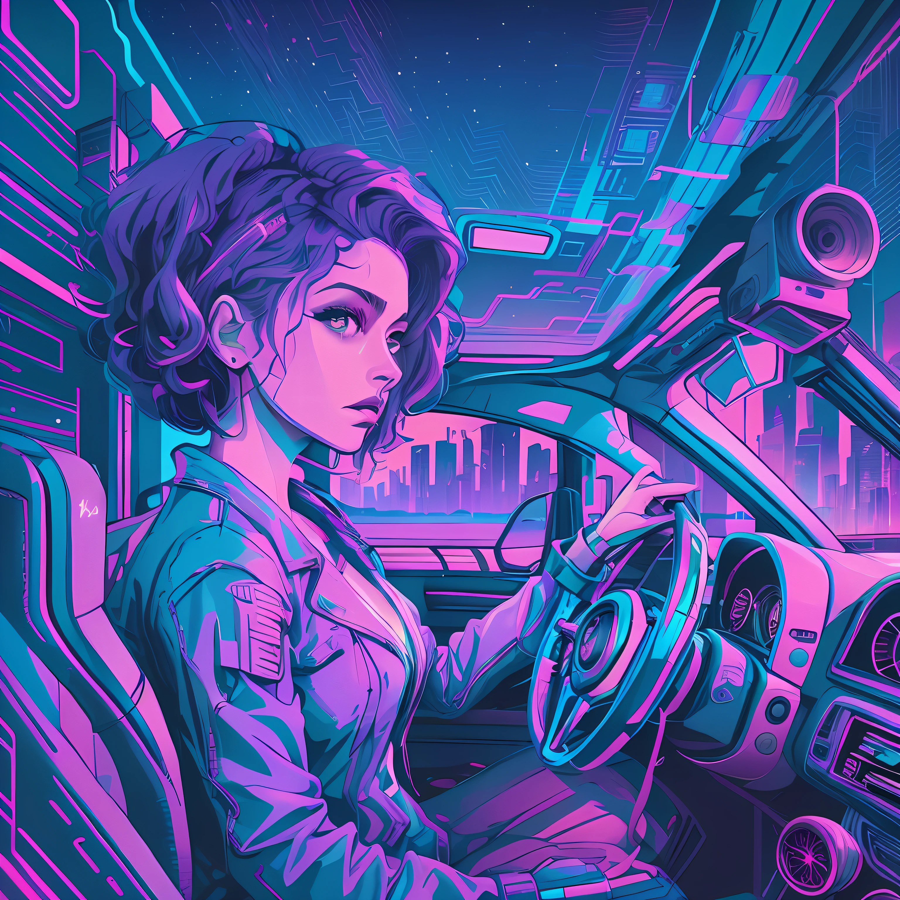 a woman in a car with a neon background, Cyberpunk art style, synthwave art style, synthwave art style ]!!, Estilo Synthwave, epic retrowave art, synthwave art, cyberpunk atmosphere, [ synthwave art style ]!!, synthwave inspired, [ synthwave art style ]!! ]!!, Reverse wave resonance, masterpiece epic retrowave art