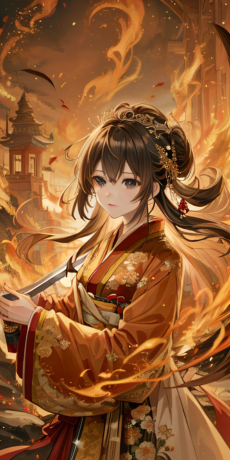 (Anime style 4k,Exquisite and elegant,Kimono lady in the Imperial Palace,holding a sword,wreathed in flame,goddess of autumn,Beautiful number and character painting,Hanfu Autumn Empress,Yang J's style aesthetics,a beautiful anime portrait,Robe and flowing hair,Flames surround her beautiful fantasy anime artwork) --auto