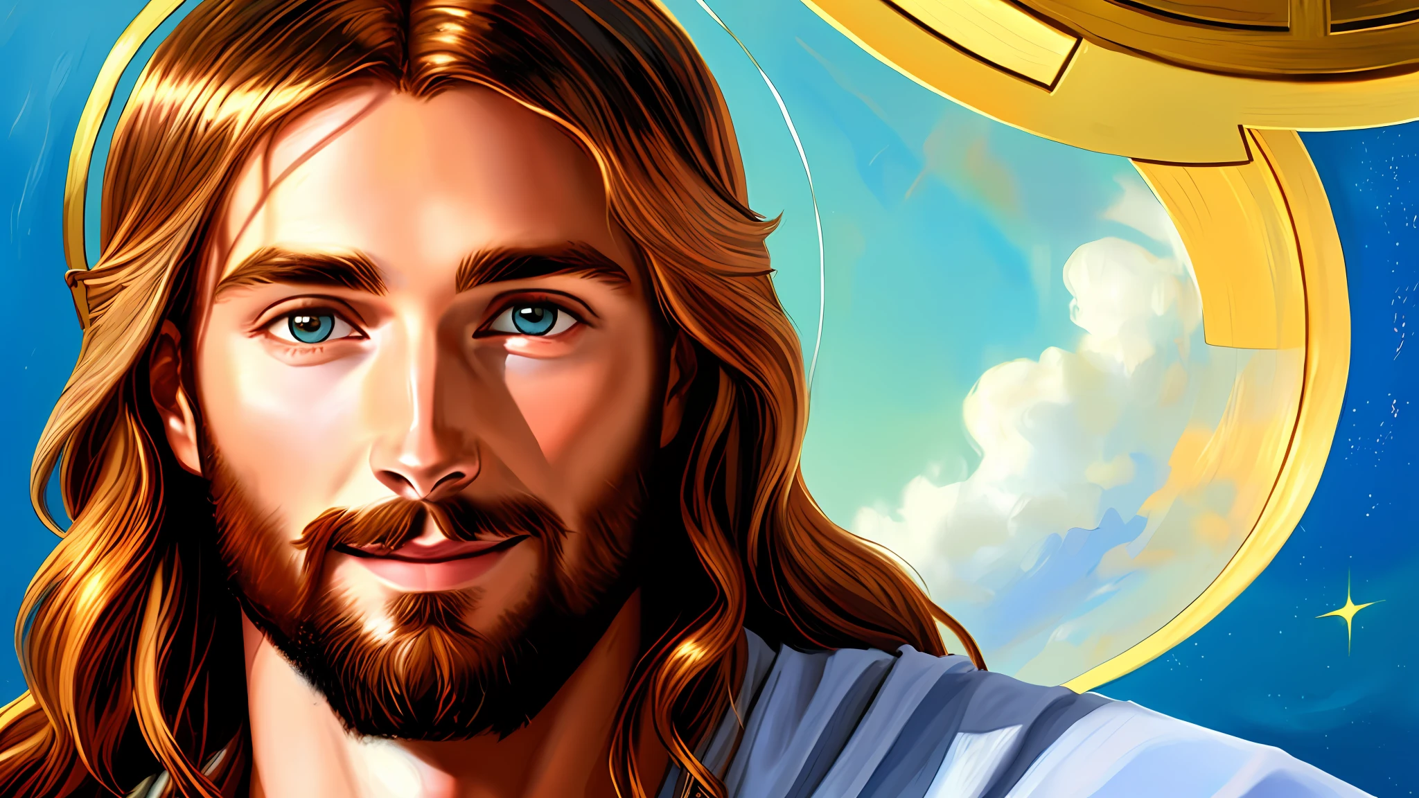 A painting of Jesus with a halo in heaven, Jesus Christ, Smiling in heaven, Portrait of Jesus Christ, Face of Jesus, Young God Almighty, Portrait of a Heavenly God, Greg Olsen, Jesus Gigachad, Jesus of Nazareth, Jesus, The face of God, God looking at me