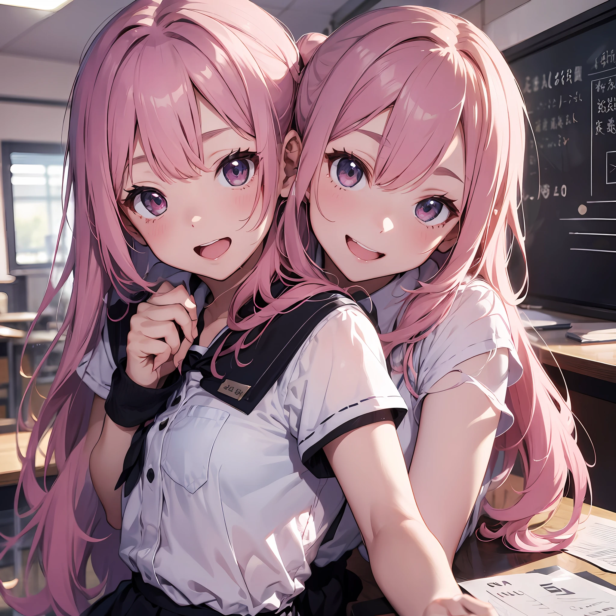 (Maste Piece, High Definition, A high resolution, Illustration), in 8K,During school classes、(Pink hair、Schoolgirl with long hair)、(Sleeveless white uniform)、Smile、Thinly open mouth、perspiring、(See-through through:0.5)、Studying、Detailed study desk、((Sitting at a study desk))、Turned、Blackboard in the distance、((Detailed class scene))、2nd person、Blonde Friend Girl、Being hugged from behind