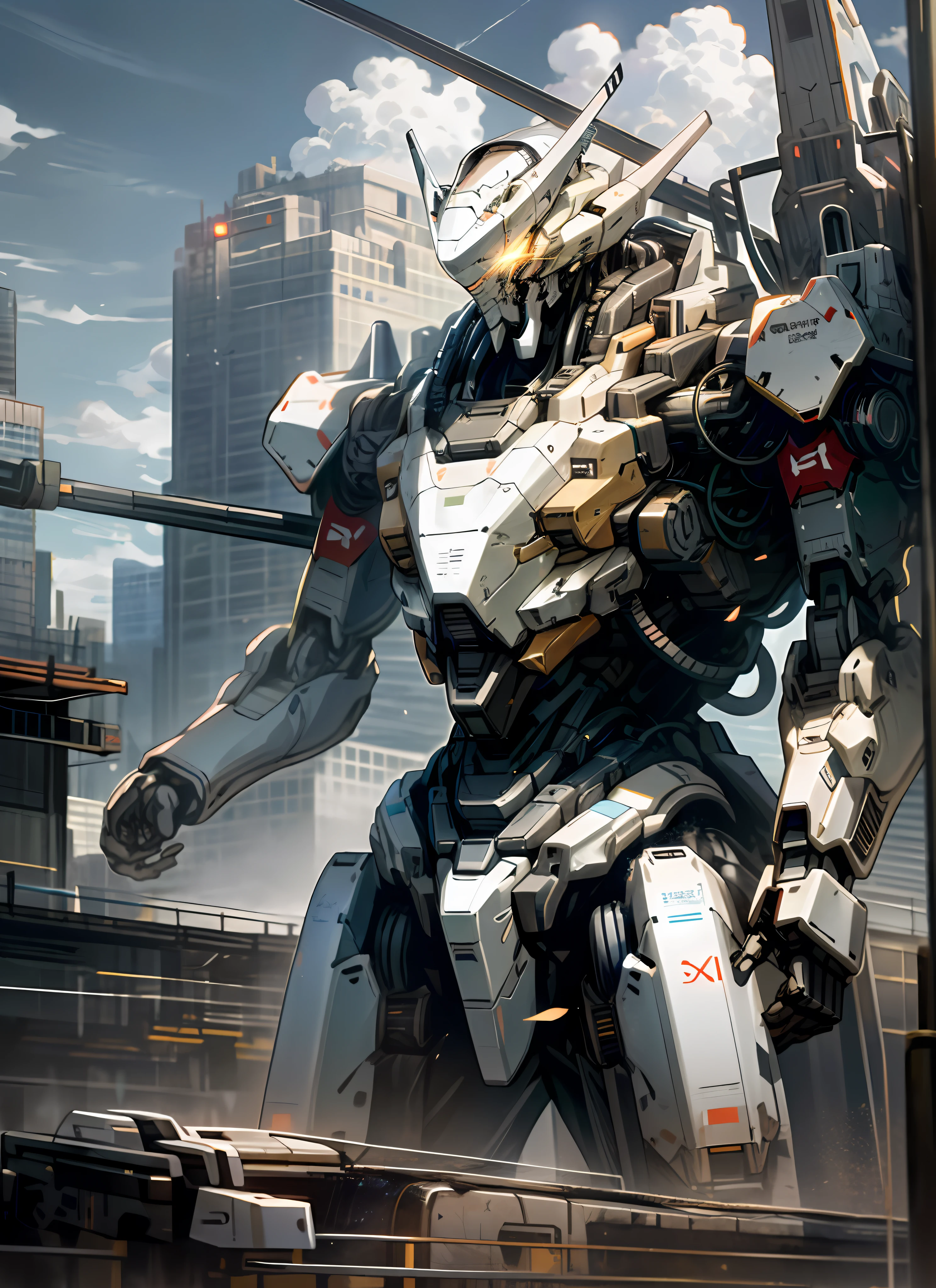 sky, cloud, holding_weapon, no_humans, glowing, , robot, building, glowing_eyes, mecha, science_fiction, city, realistic,mecha