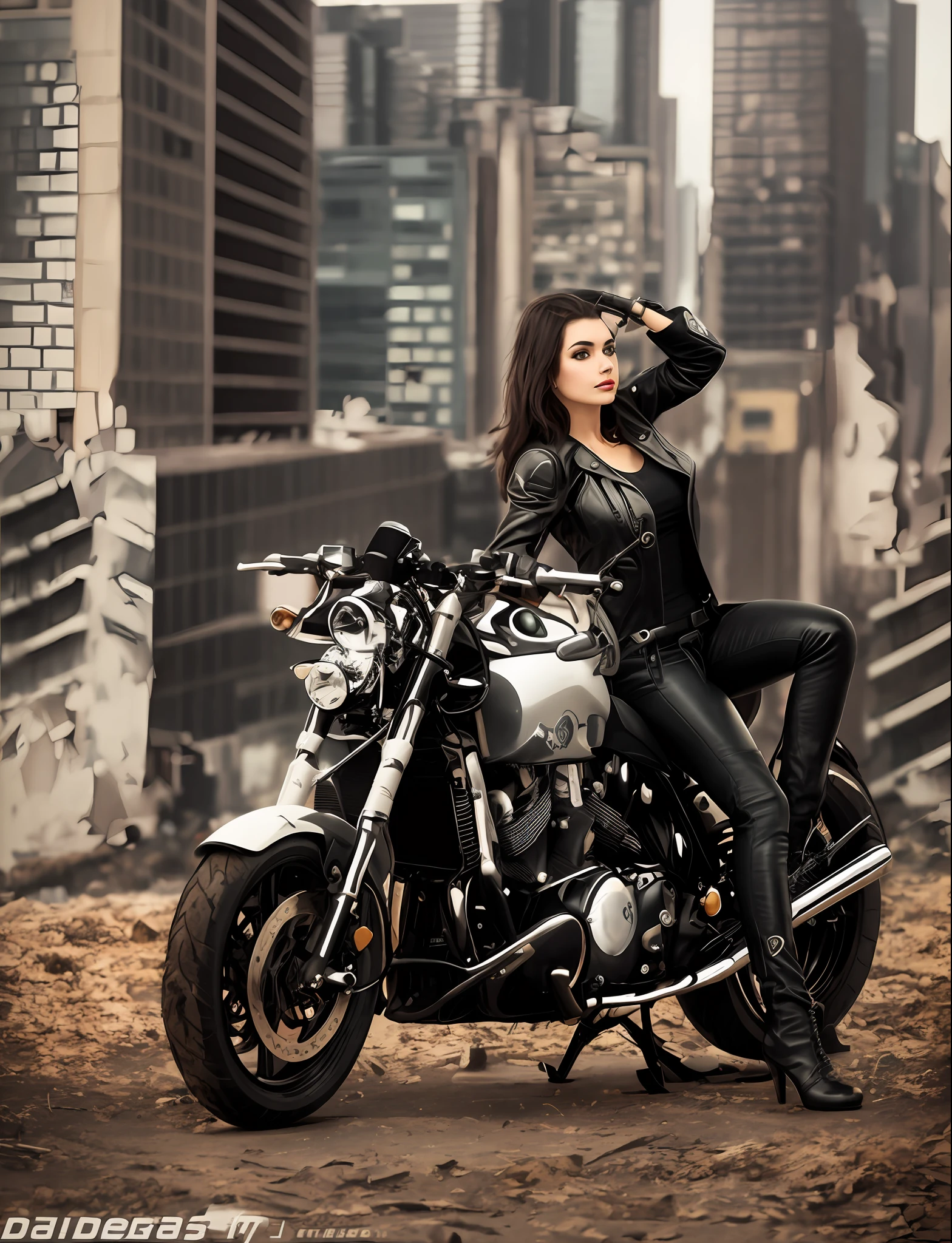 woman in black leather outfit sitting on a motorcycle in front of a building, vestido em couro motociclista, imagem de uma motociclista feminina, sentado em uma motocicleta, motociclista, motocicleta, motociclista, olhar, sentado em moto cyberpunk, Motocicletas, cafe racer, olhar dieselpunk, estilo dieselpunk, elegante, roupas de couro, pilotando uma motocicleta, Super modelo indiano