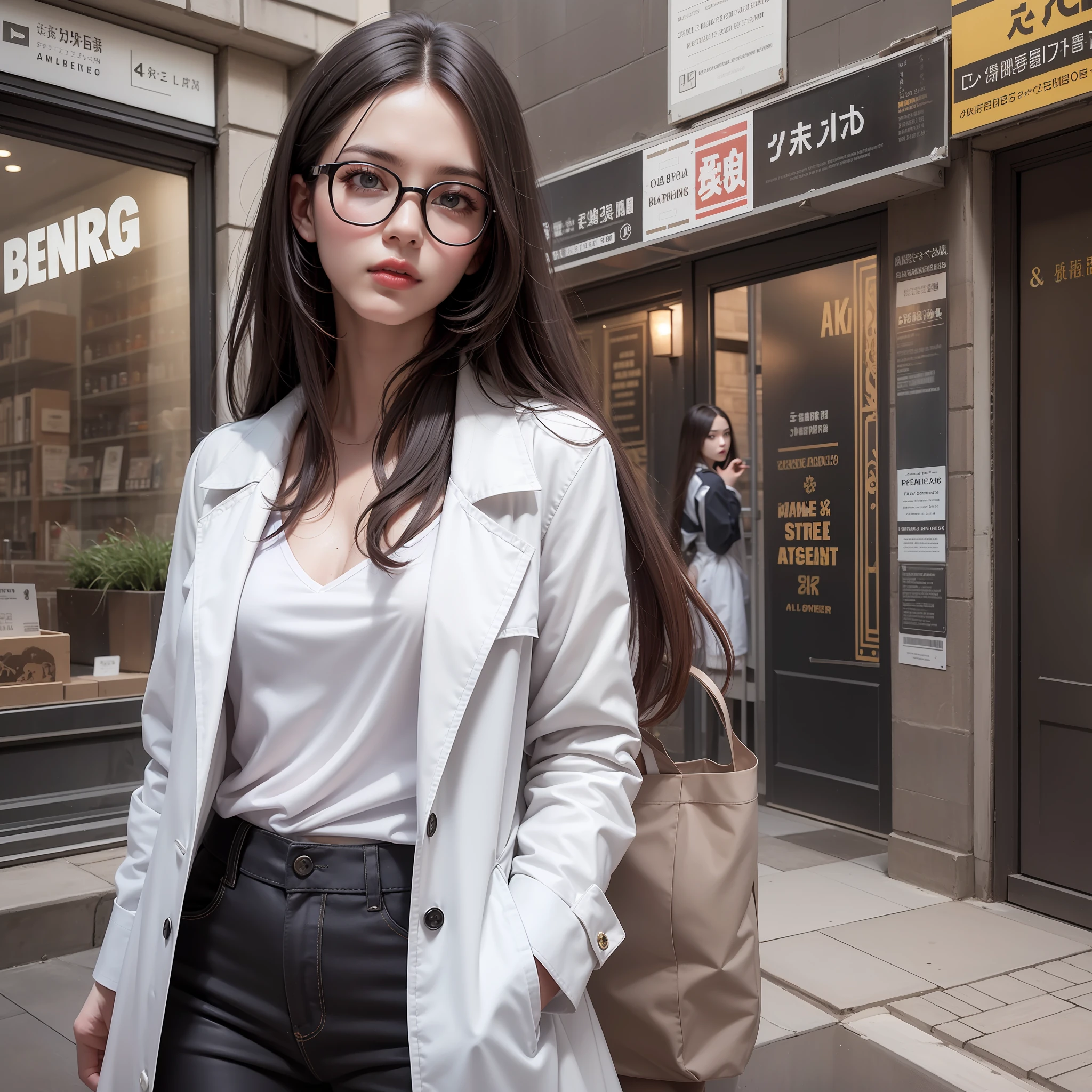 Surreal female portrait, Fantasyart, photorealistc, dynamic lighting, a poster for a, Volumetriclighting, very highly detailed face, 8K Ultra, deep-shadows, lowkey, cowboy lens, White trench coat,Trench coat shawl,gaping,The breeze blows through, length hair, black har,Stand proudly,The red eye makeup is very sharp and detailed, The most beautiful face, Put your hands in your pockets,Black boots,Full body photo,Ultra photo realsisim,The overall line is soft, Sunglasses half strap,The corners of the mouth are disdainful, The eye makeup is good, ponytailhair,Red black lips,Close-up of the main character,Bustling street。