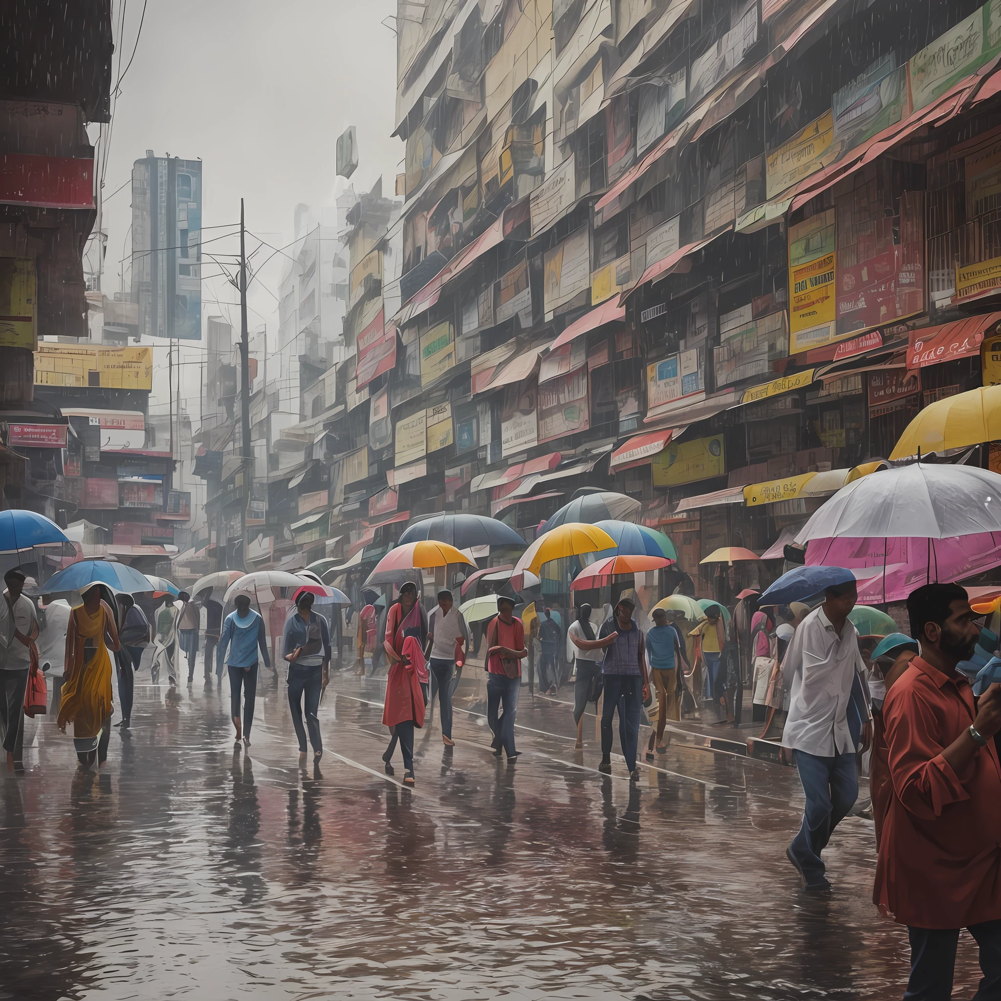 A photorealistic rendering of a bustling Mumbai street in the midst of a heavy downpour, with umbrellas and raincoats in full force. --auto --s2