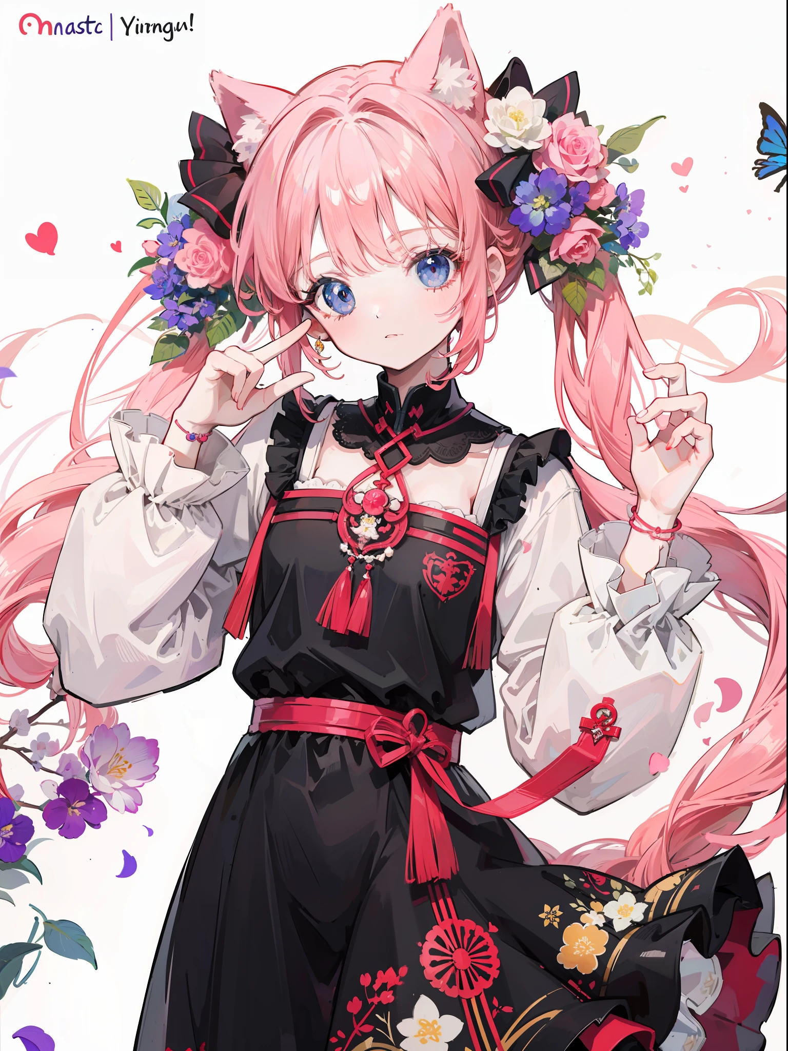 Anime Pictures。Bright and pretty shades。Cute woman with cat ears about 18 years old。Clothing designed in the image of Hungarian national costume。Flowers are fluttering。Flat cute pattern in the background。Extremely high quality、Extremely high image quality、Maste Piece、Best-aesthetic